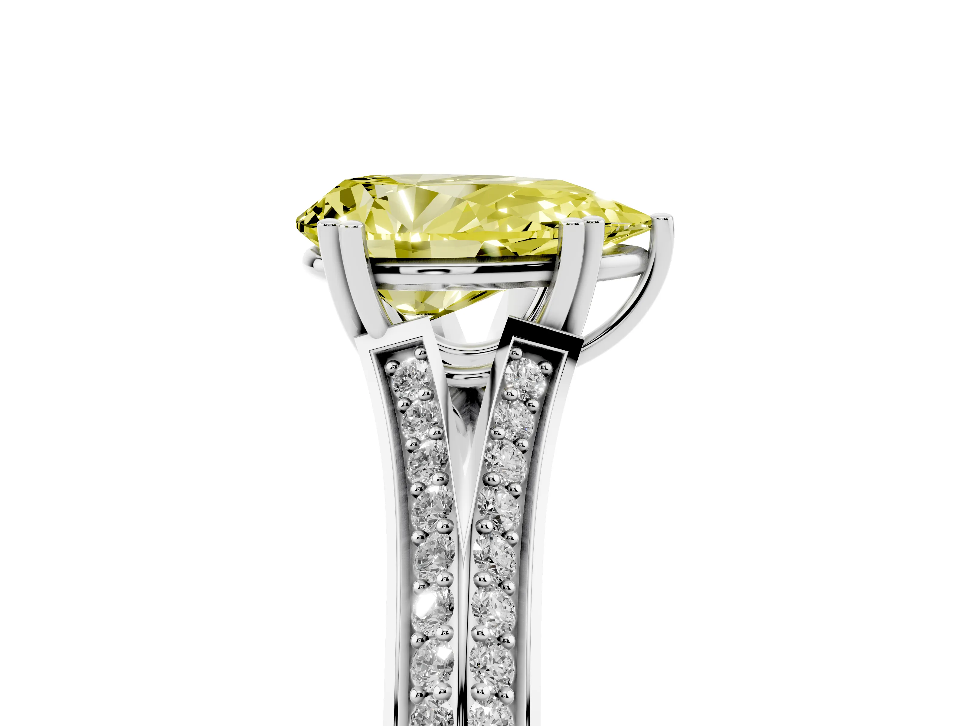 Fancy Yellow Pear Cut Diamond Split Shank Pavé Engagement Ring Set in Silver with Prong-Set Center Stone