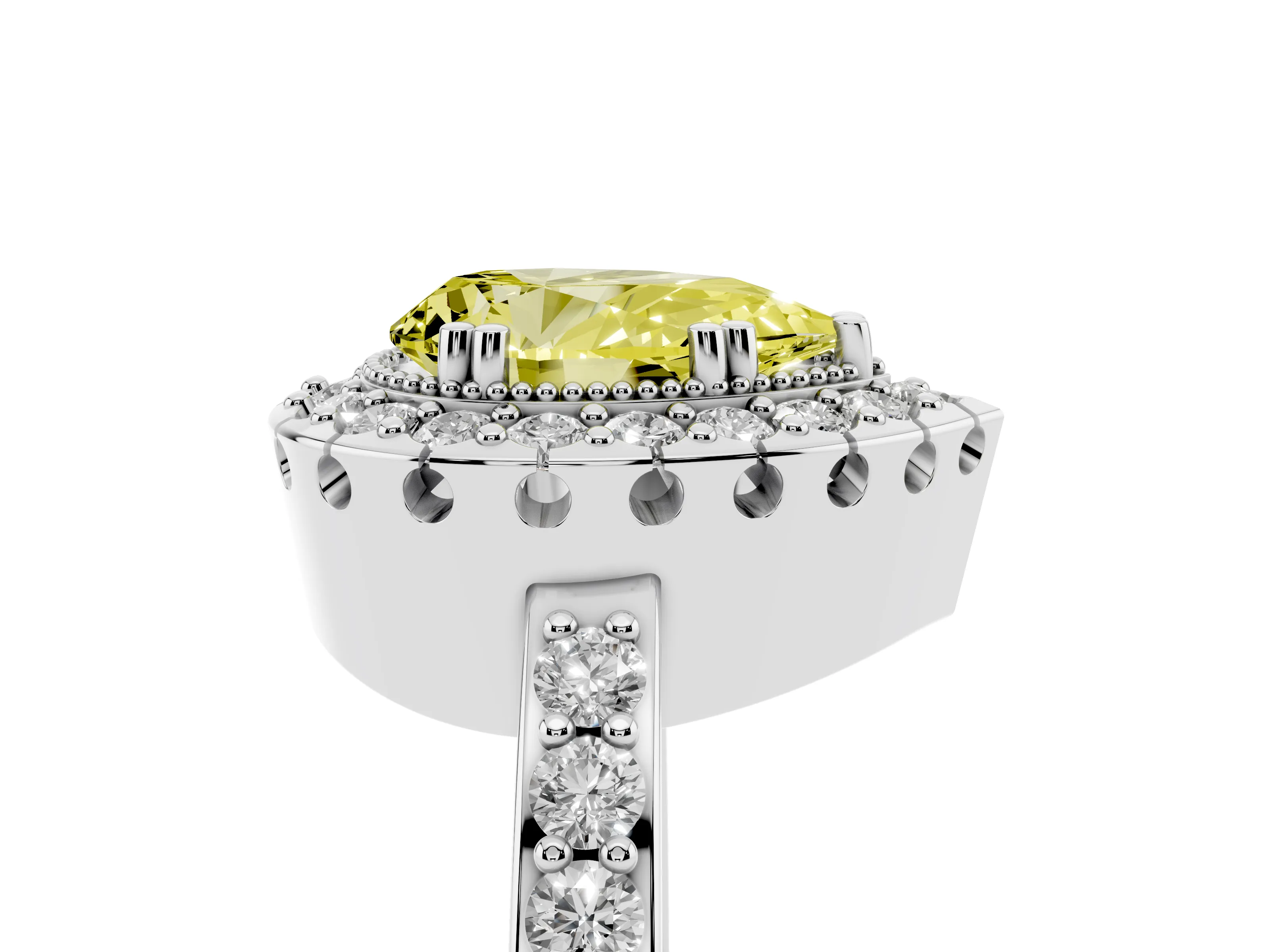 Fancy Yellow Pear Cut Diamond Halo Ring Set in White gold with Pavé Shank and Prong Setting