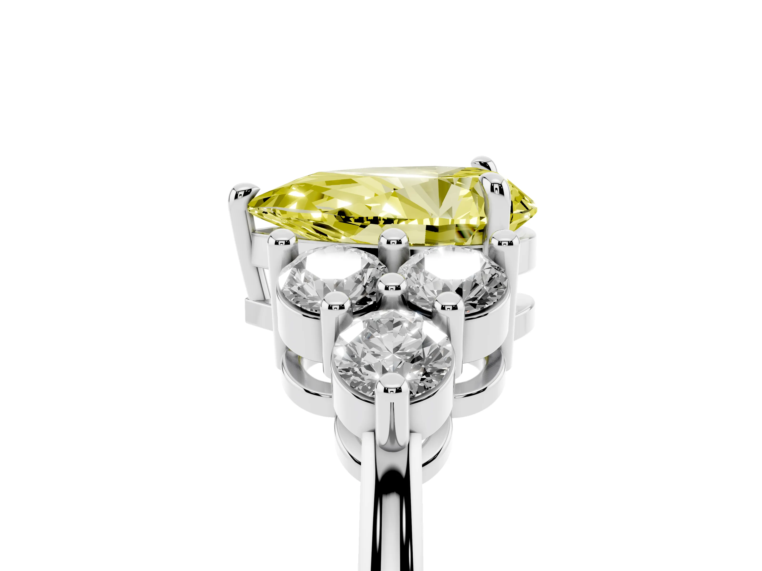 Fancy Yellow Pear Cut Diamond Solitaire Ring Set in Silver with Cluster Accents on Each Side