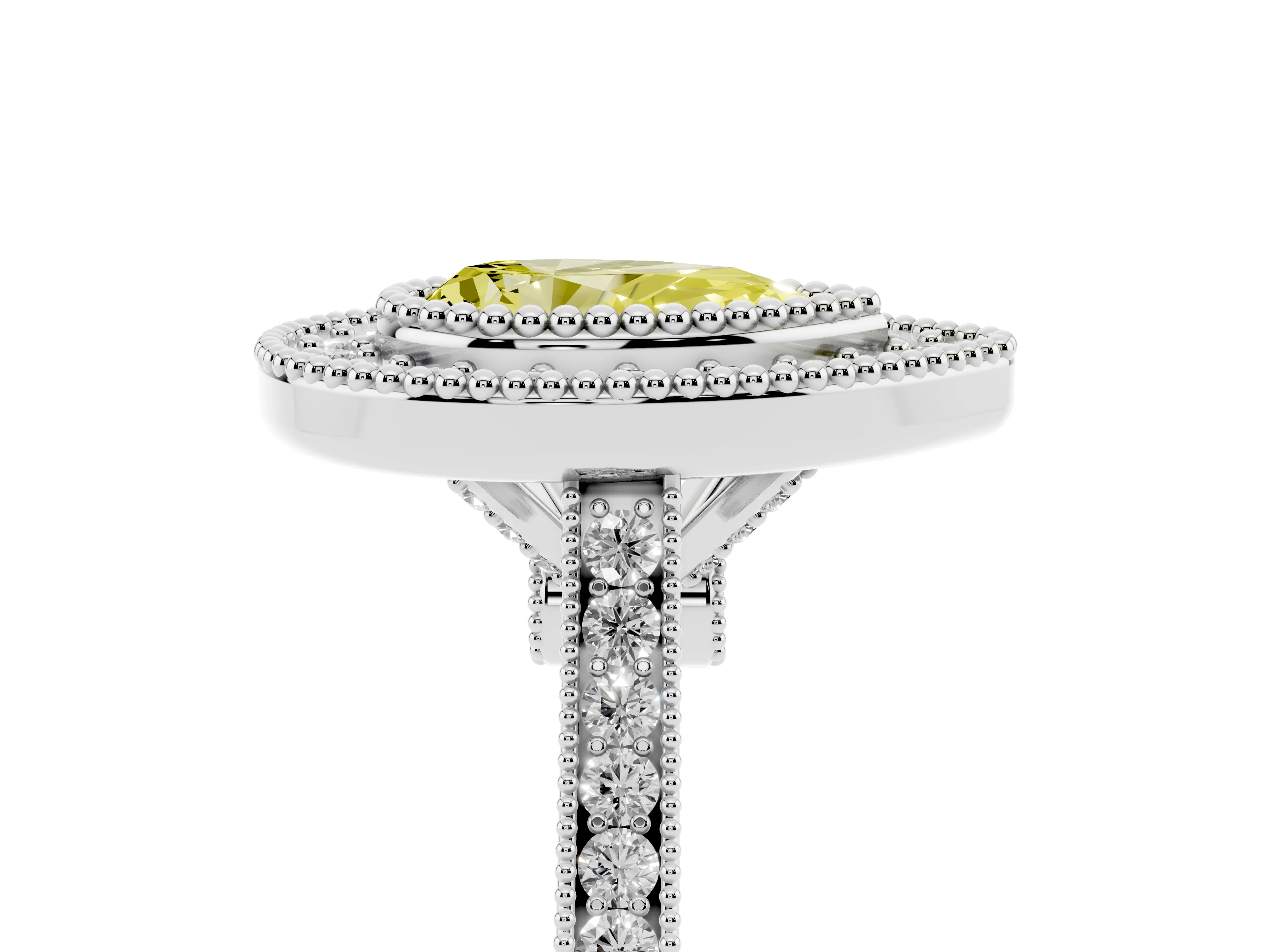Fancy Yellow Pear Cut Diamond Halo Ring Set in White gold with Milgrain Frame and Pavé Band