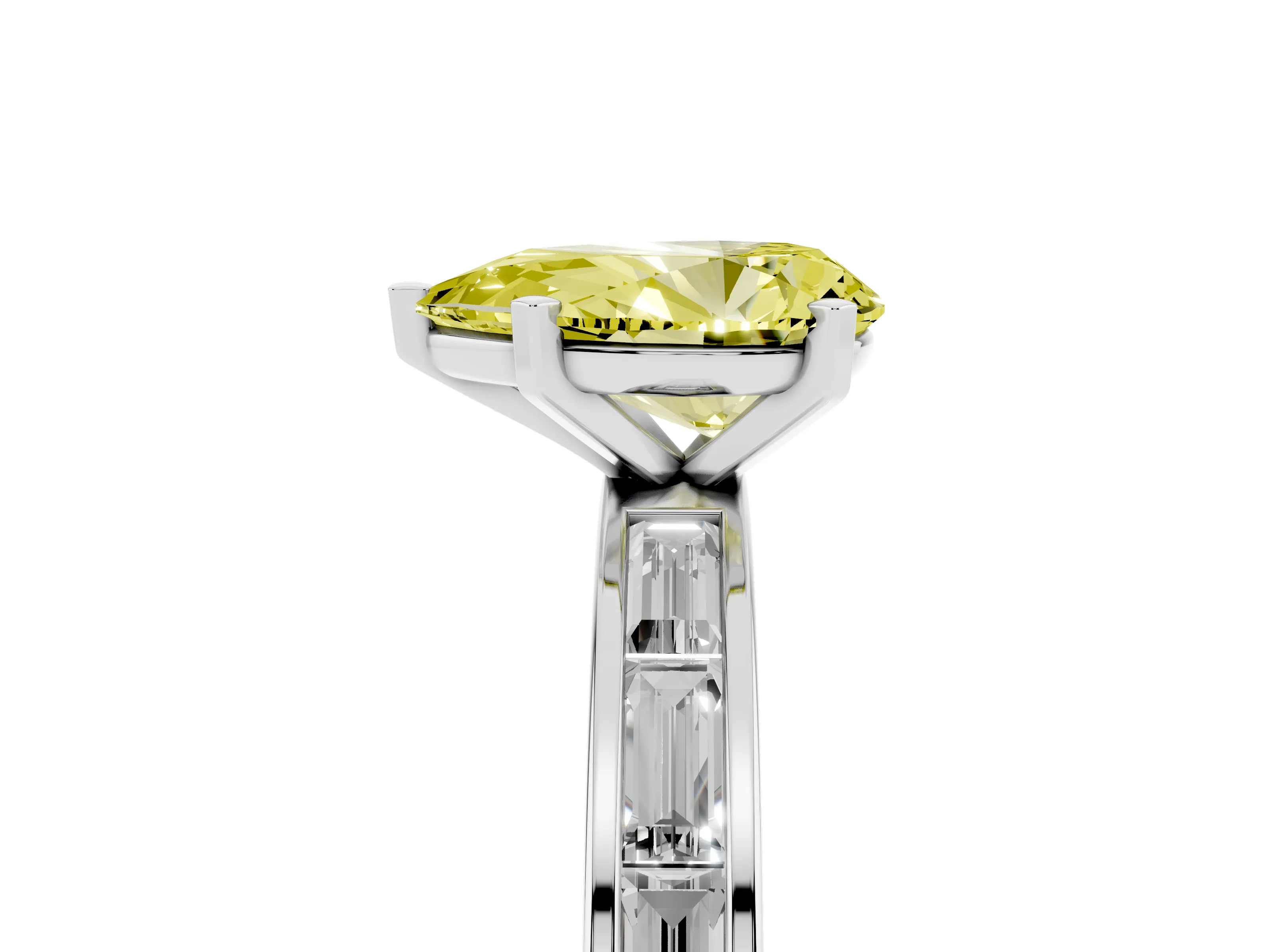 Fancy Yellow Pear Cut Diamond Solitaire Ring Set in Silver with Channel-Set Baguette Band and Prong Setting