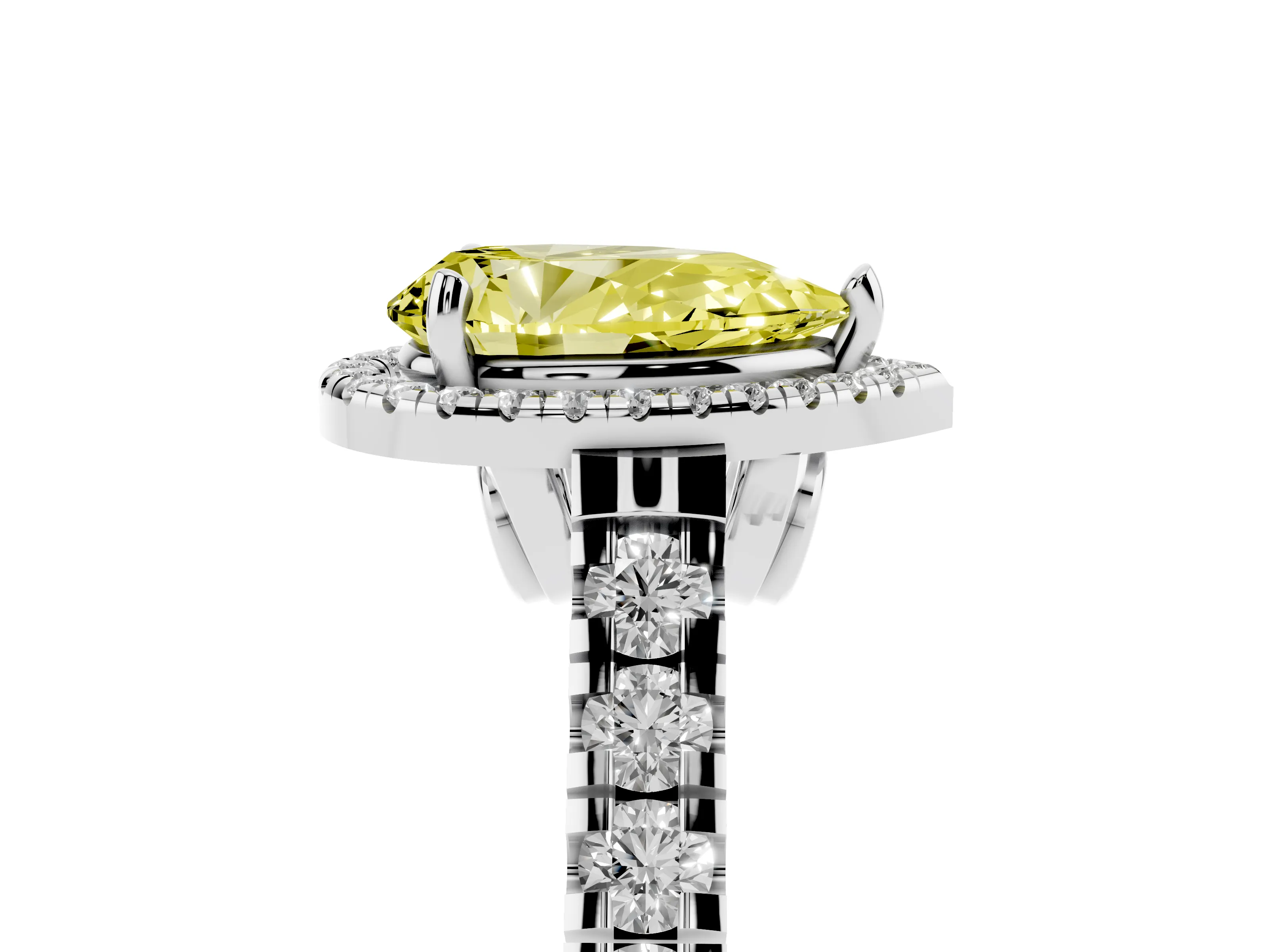 Fancy Yellow Pear Cut Diamond Halo Engagement Ring Set in Platinum with Pavé Band and Prong-Set Center