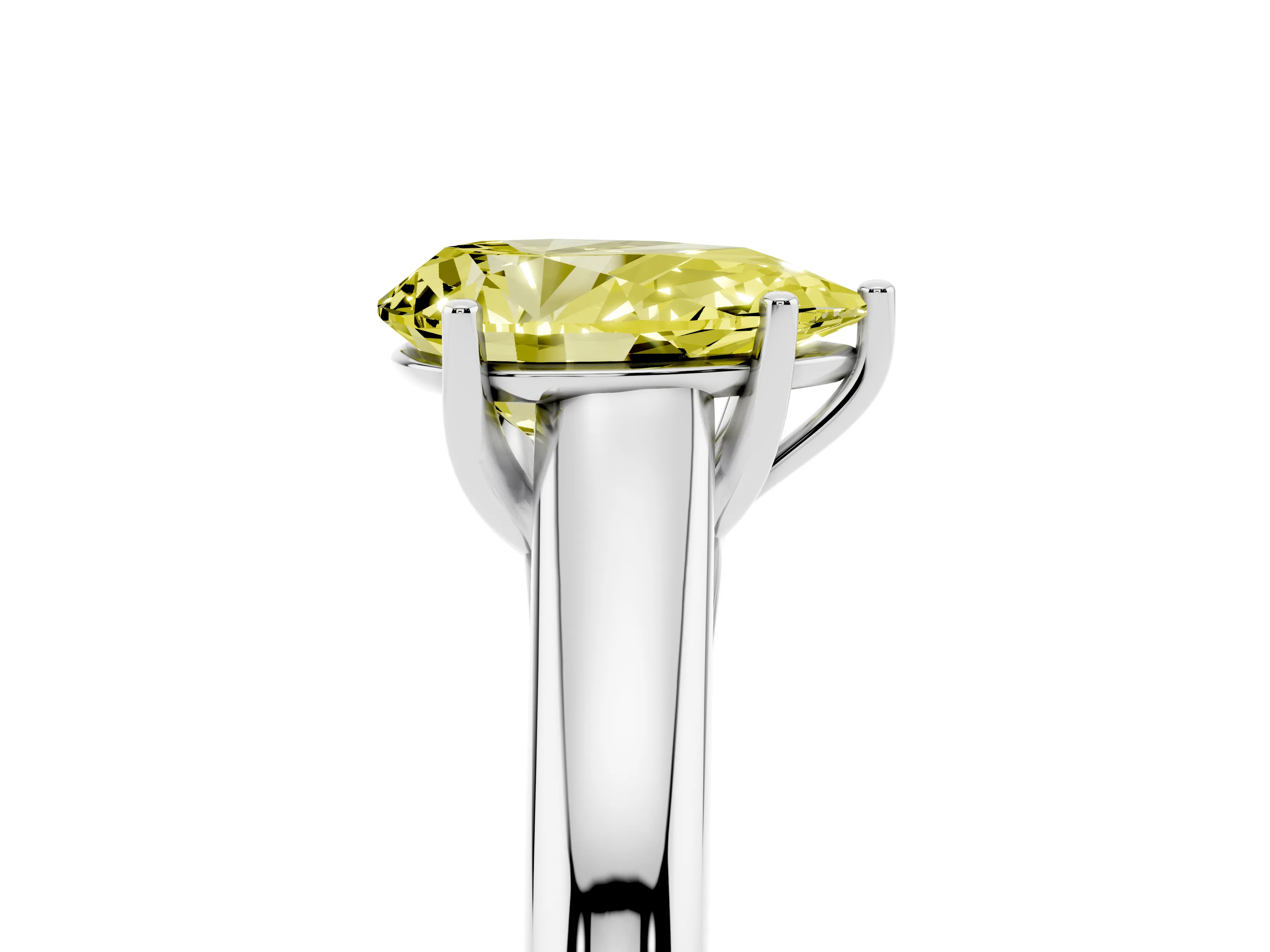 Fancy Yellow Pear Cut Diamond Solitaire Engagement Ring Set in White gold with Subtly Tapered Band and Prong Setting