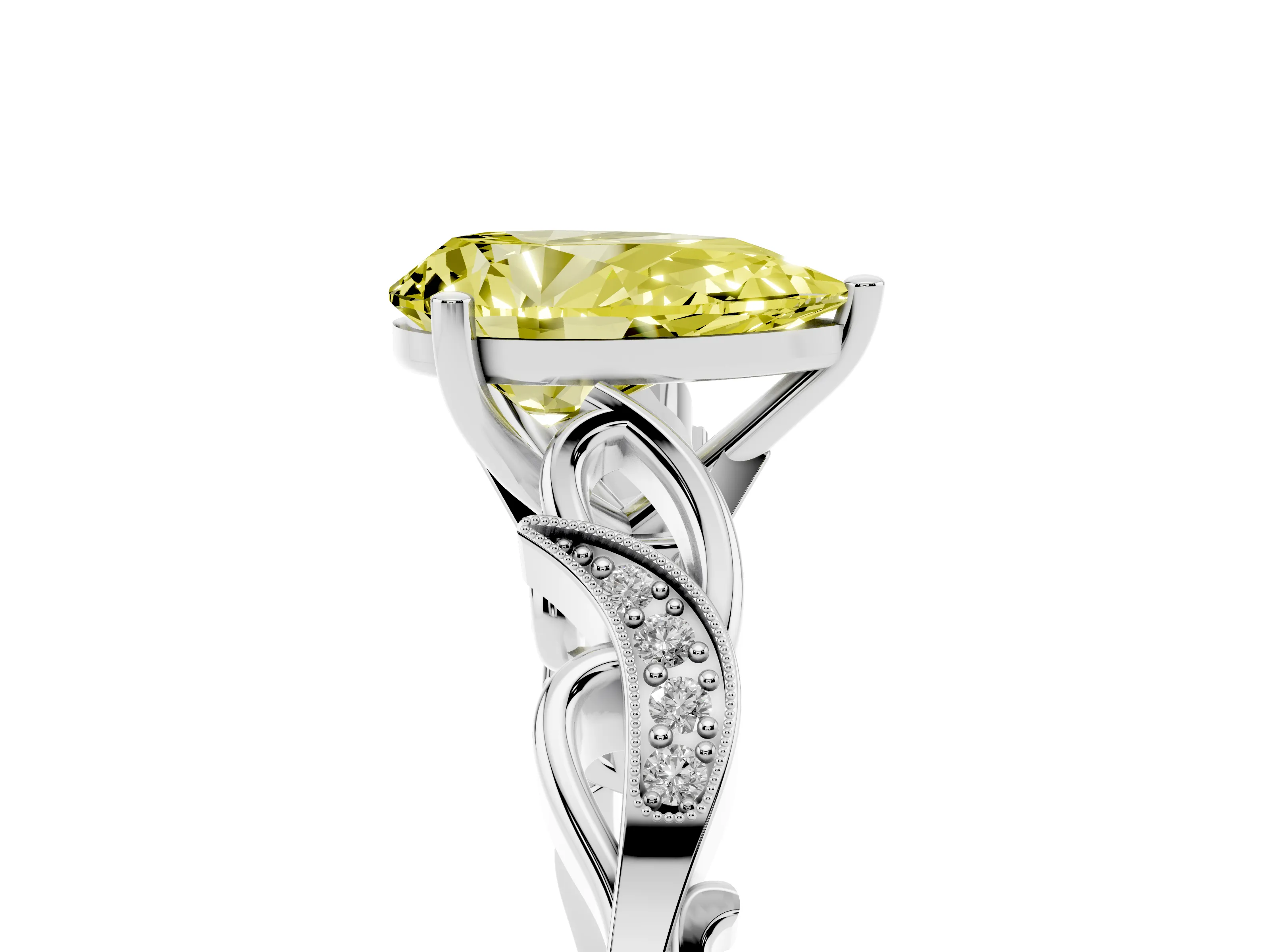 Fancy Yellow Pear Cut Diamond Vine Band Solitaire Ring Set in White gold with Milgrain Prong Setting
