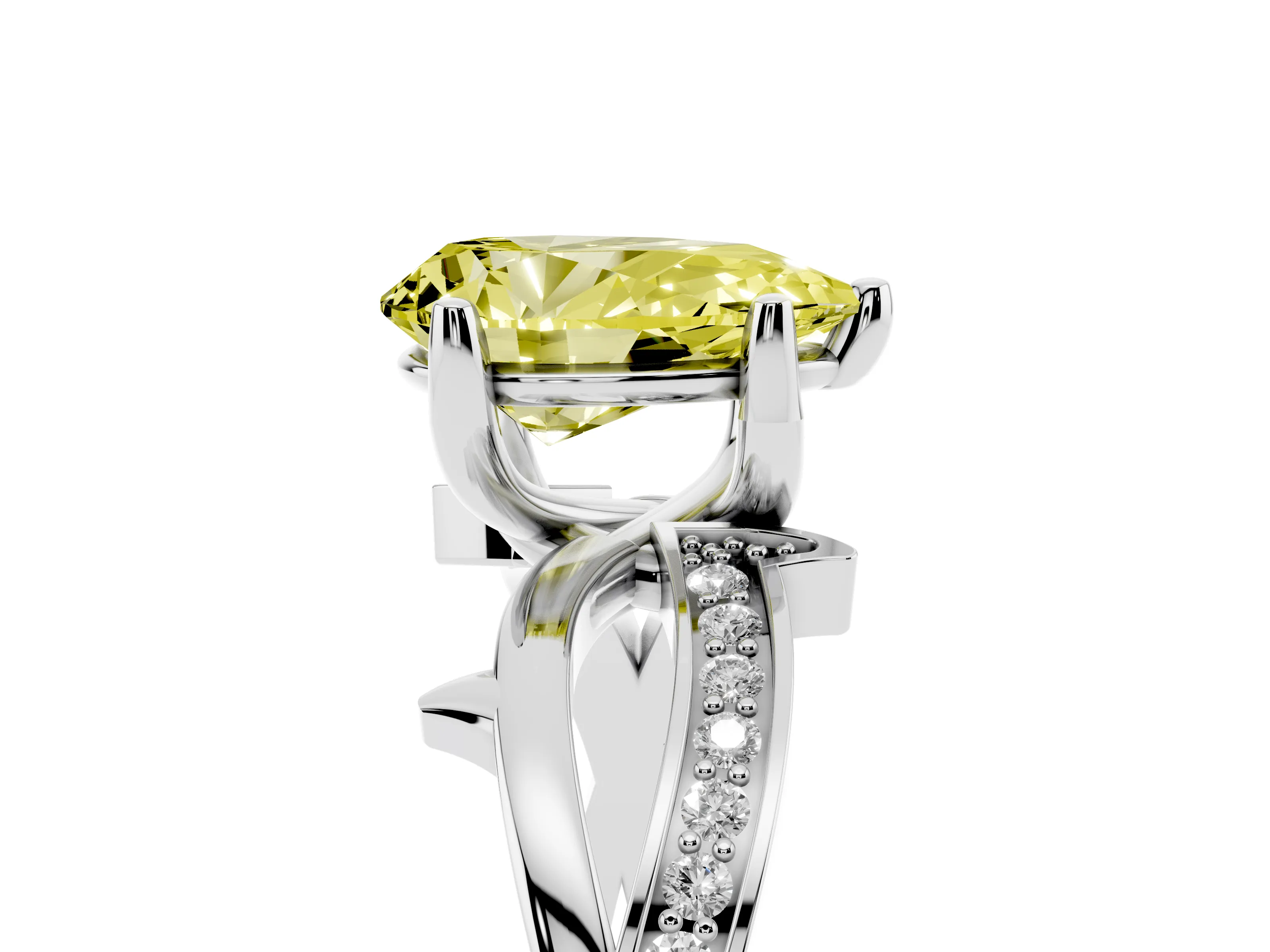 Fancy Yellow Pear Cut Diamond Pavé Twist Band Solitaire Ring Set in Silver with Prong Setting