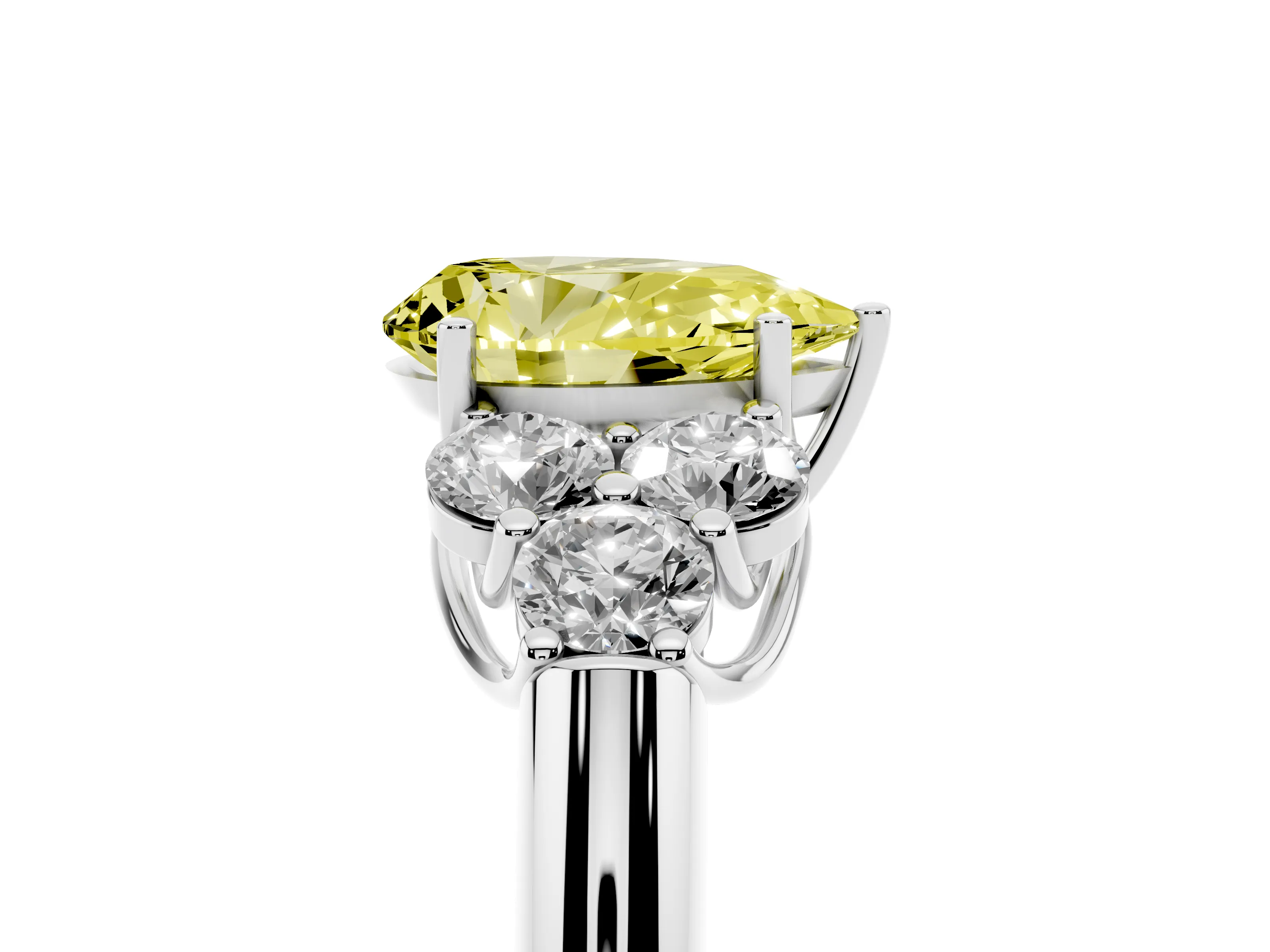 Fancy Yellow Pear Cut Diamond Cluster Ring Set in Platinum with Round Accent Stones and Prong Setting on a Plain Band