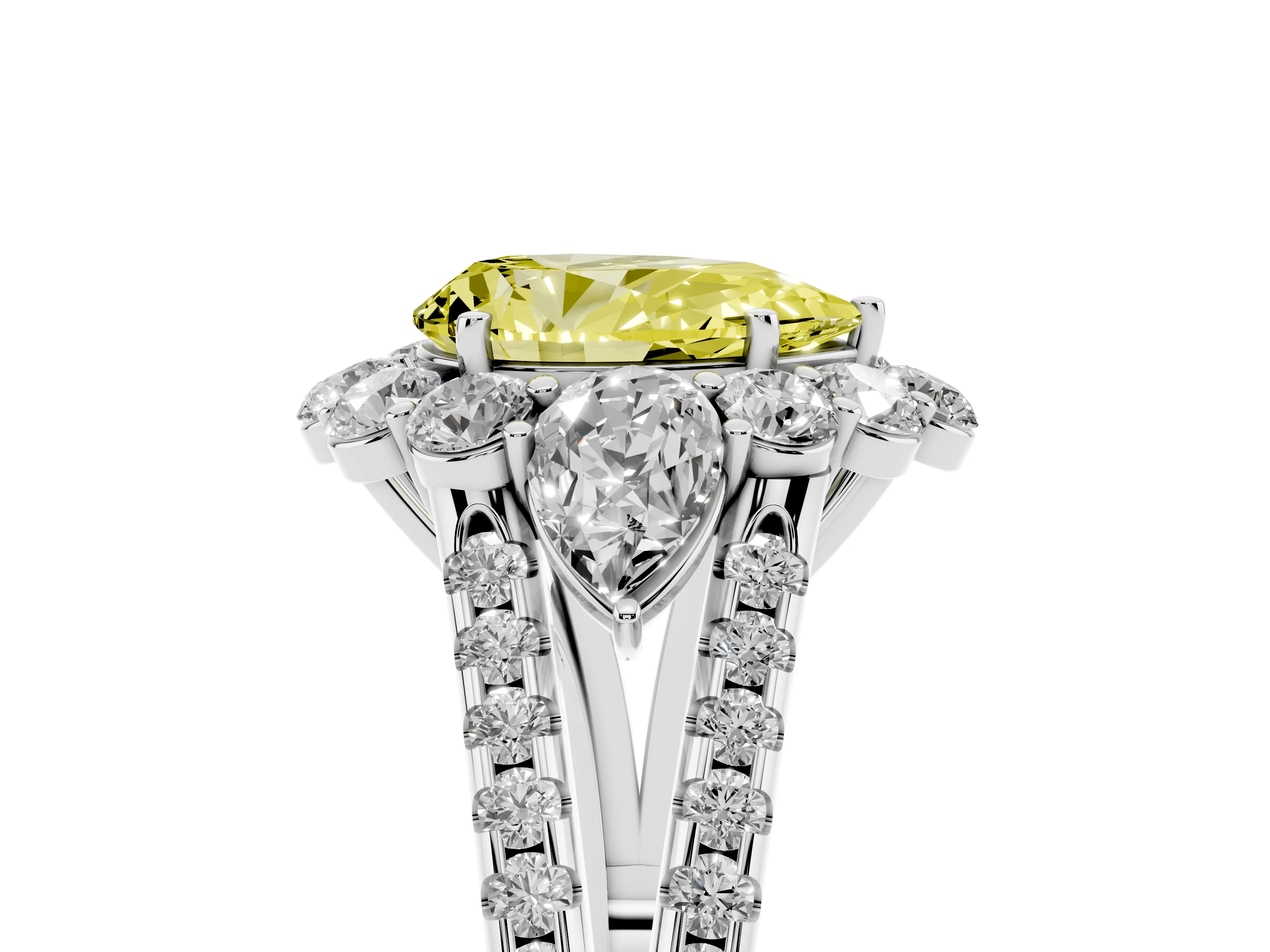 Fancy Yellow Pear Cut Diamond Halo Split Shank Engagement Ring Set in White gold with Prong-Held Center Stone
