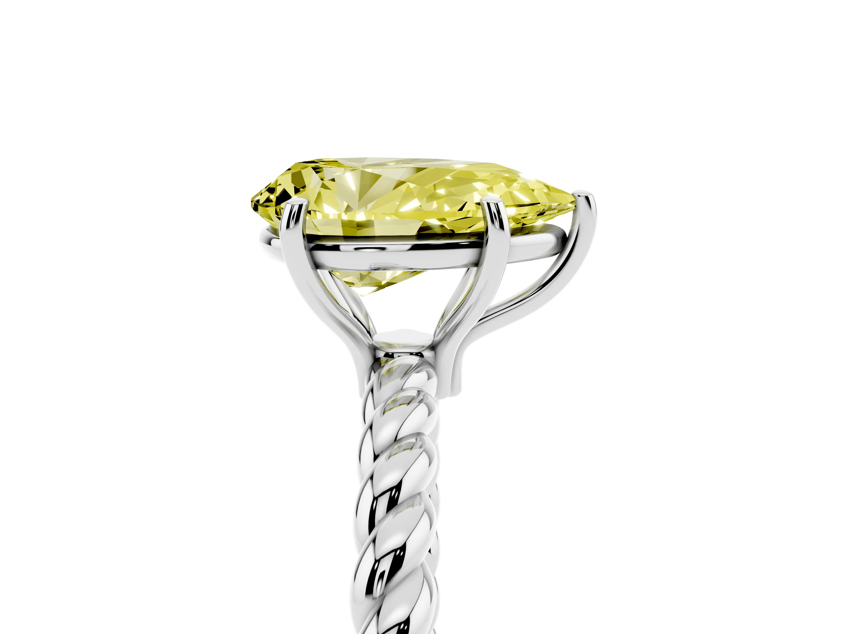 Fancy Yellow Pear Cut Diamond Solitaire Ring Set in Platinum with Twist Band and Prong Setting