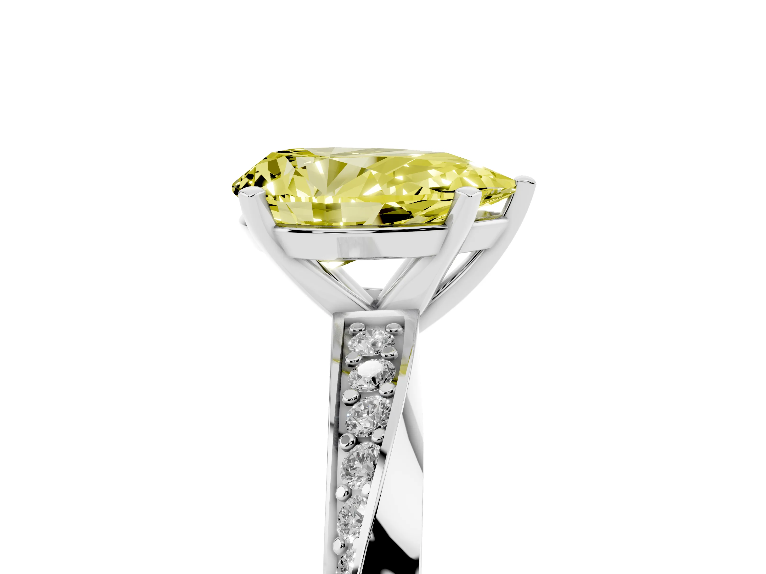 Fancy Yellow Pear Cut Diamond Engagement Ring Set in Silver with Side Stone Accents and Prong Setting
