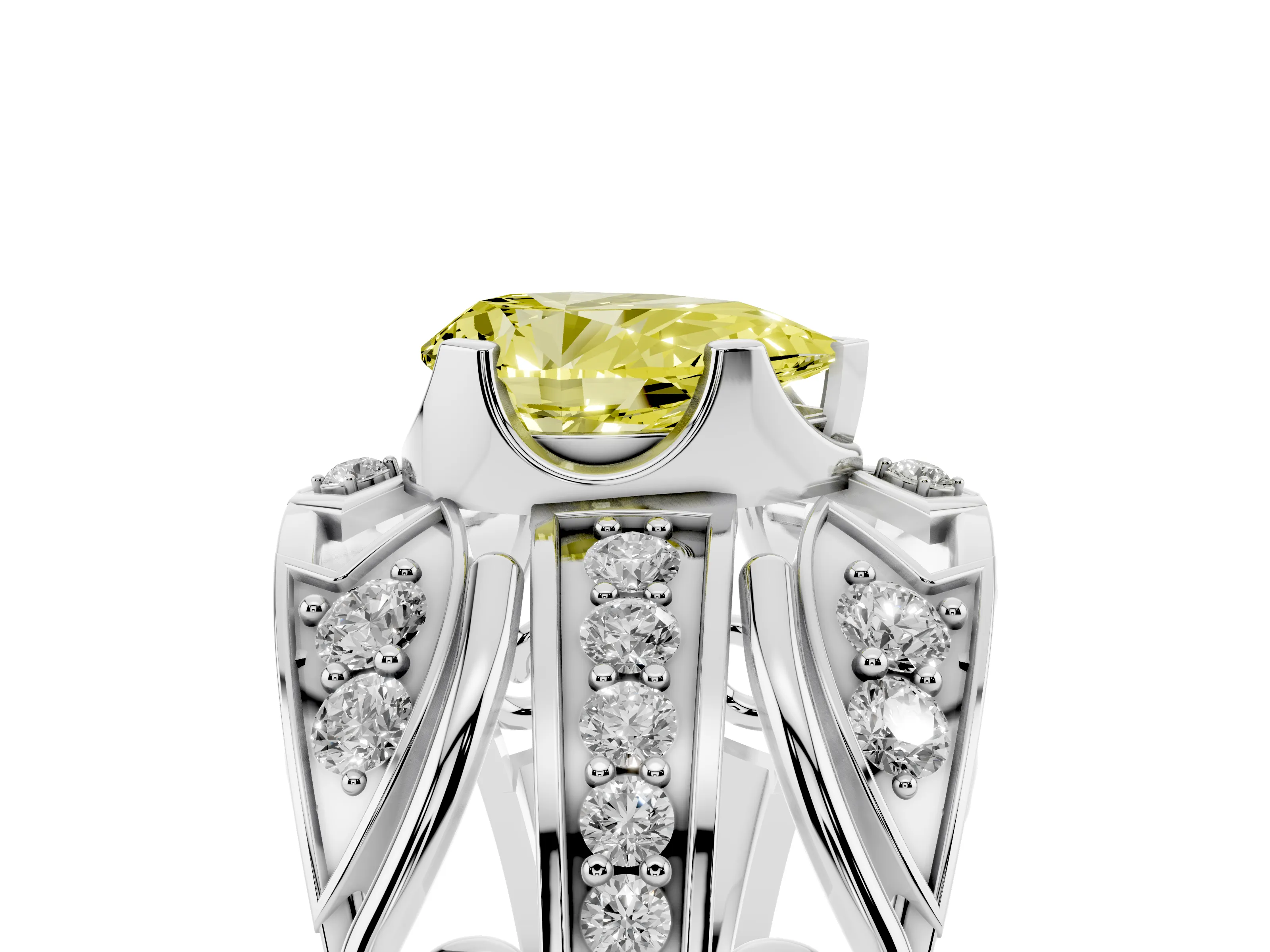 Fancy Yellow Pear Cut Diamond Art Deco Ring Set in Platinum with Pavé Split Shank