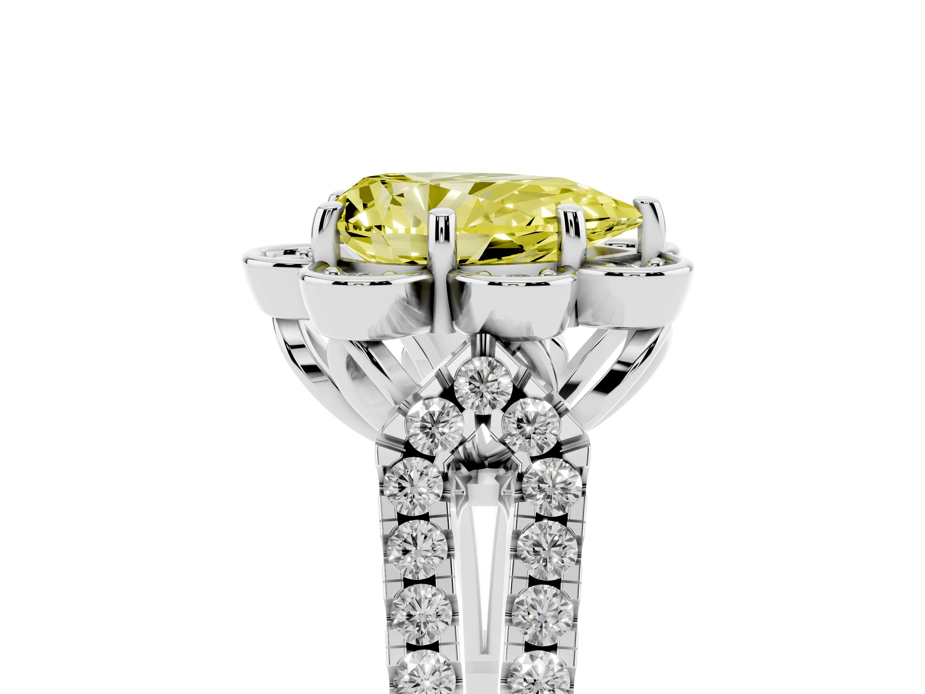 Fancy Yellow Pear Cut Diamond Floral Halo Split Shank Engagement Ring Set in White gold with Pavé Shank