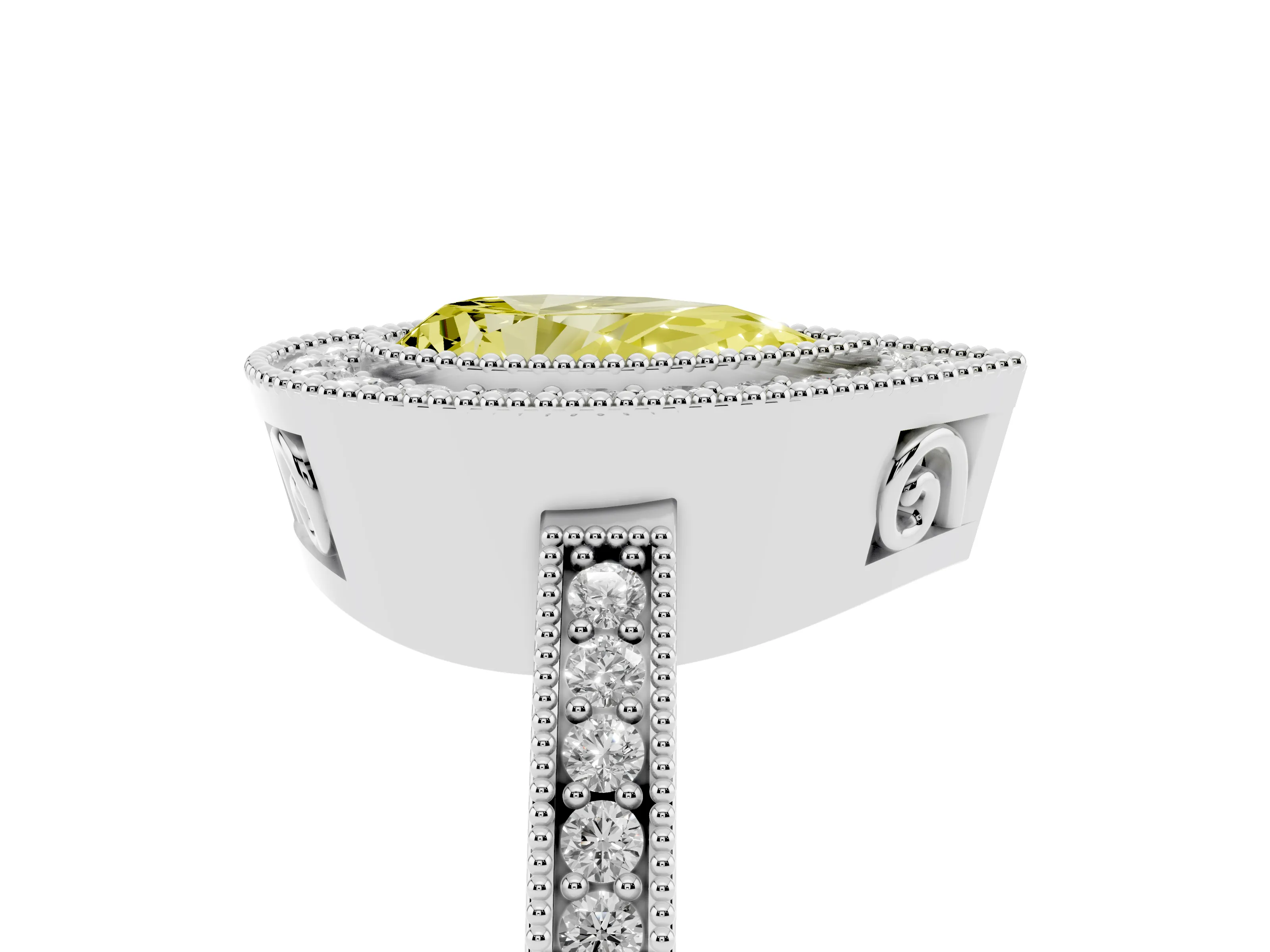 Fancy Yellow Pear Cut Diamond Round Halo Ring Set in White gold with Pavé Band