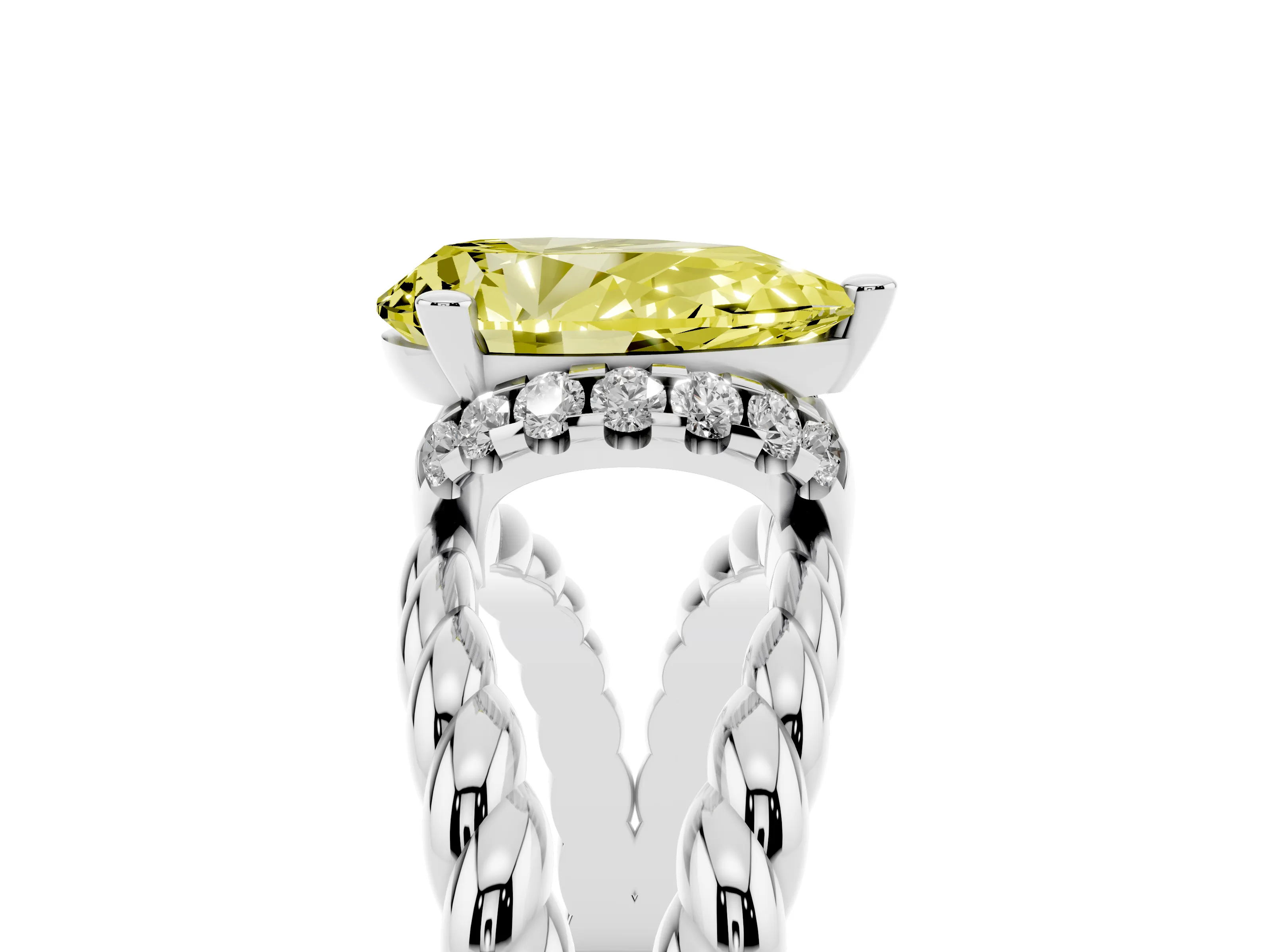 Fancy Yellow Pear Cut Diamond Halo Ring Set in White gold with Twisted Band and Prong Setting
