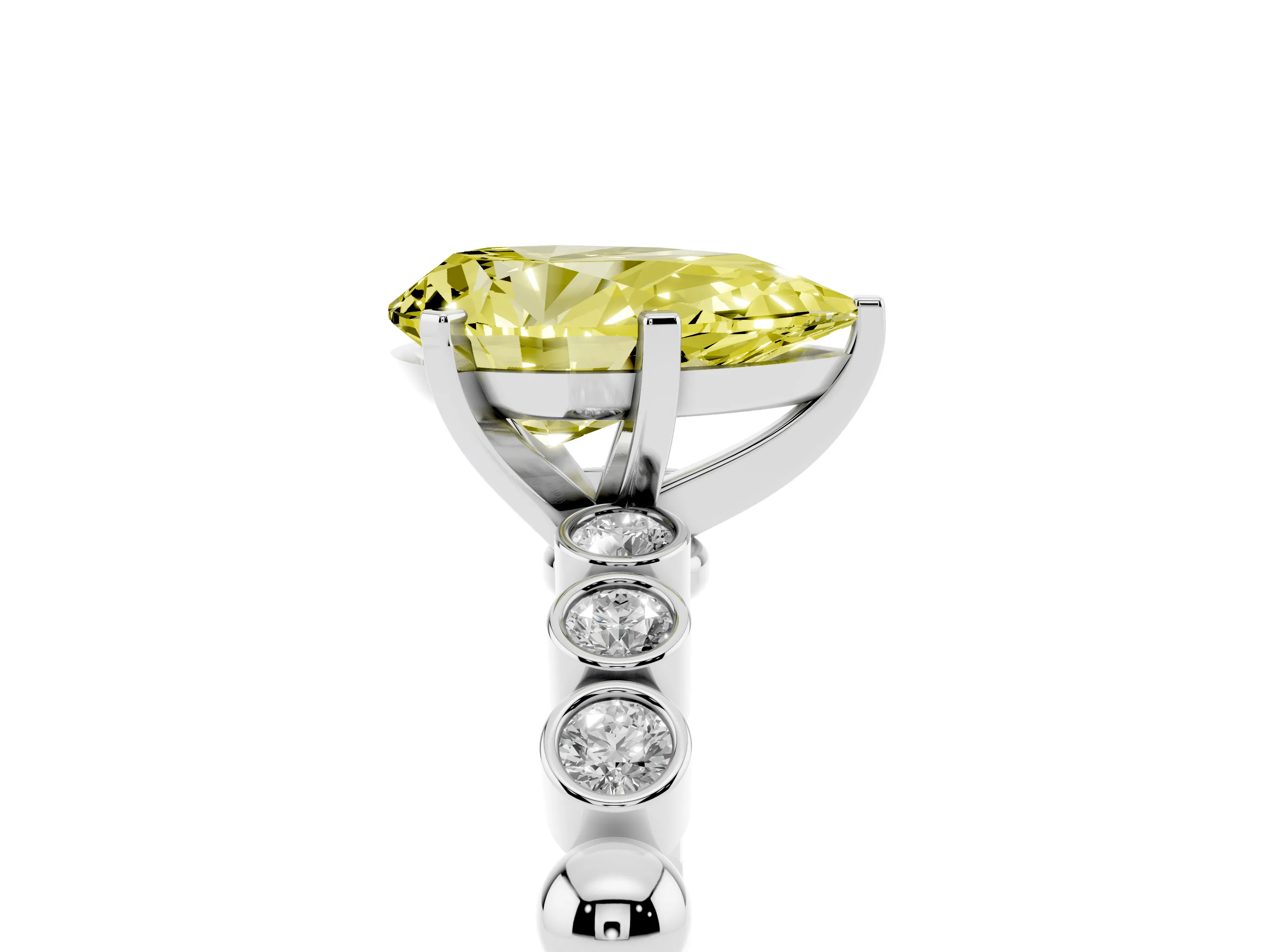 Fancy Yellow Pear Cut Diamond Solitaire Engagement Ring Set in Silver with Bezel Accents on Beaded Band