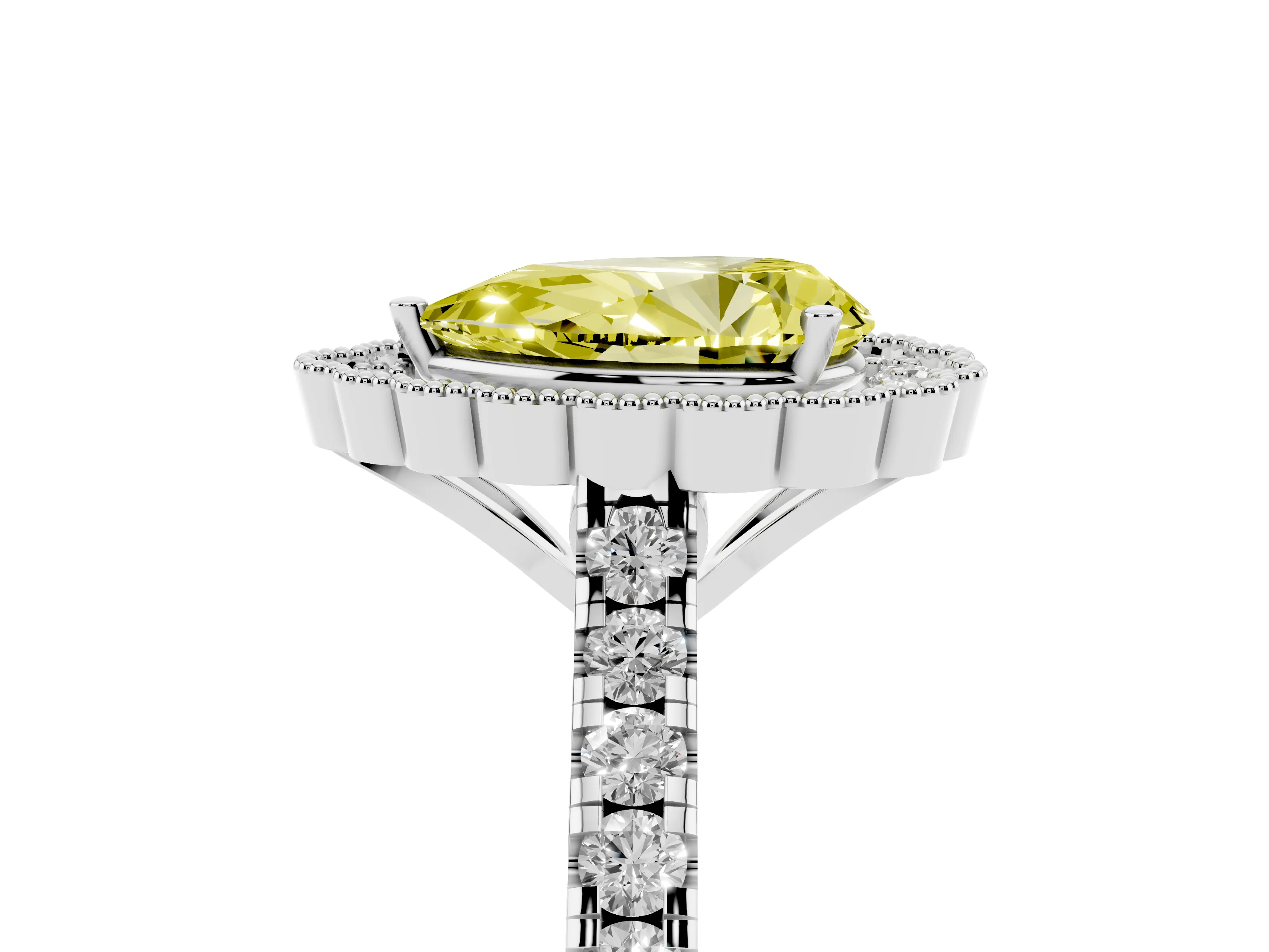 Fancy Yellow Pear Cut Diamond Milgrain Floral Halo Engagement Ring Set in Platinum with Pavé Band