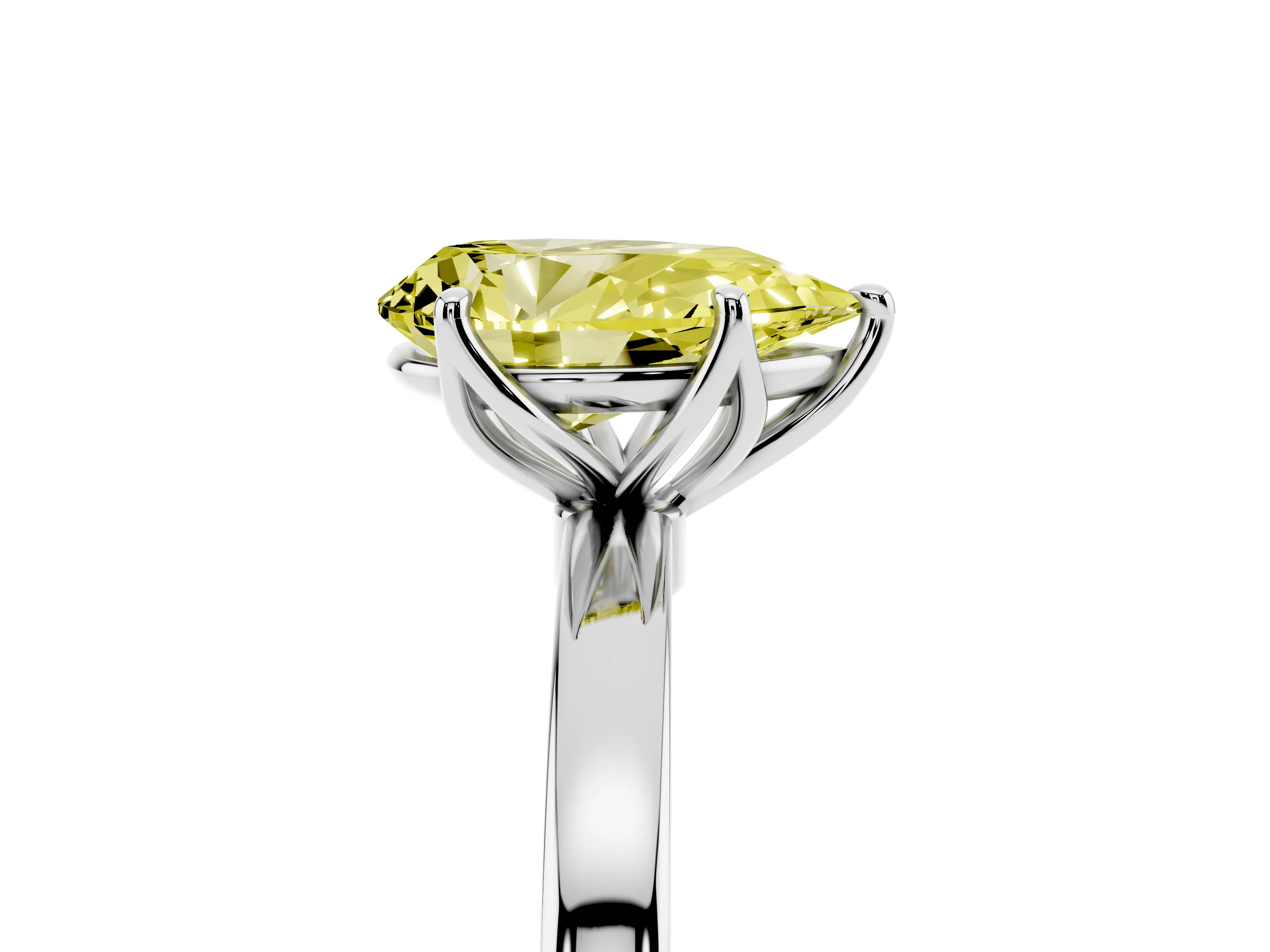 Fancy Yellow Pear Cut Diamond Solitaire Ring Set in Platinum with Prong Setting and Thin Polished Band