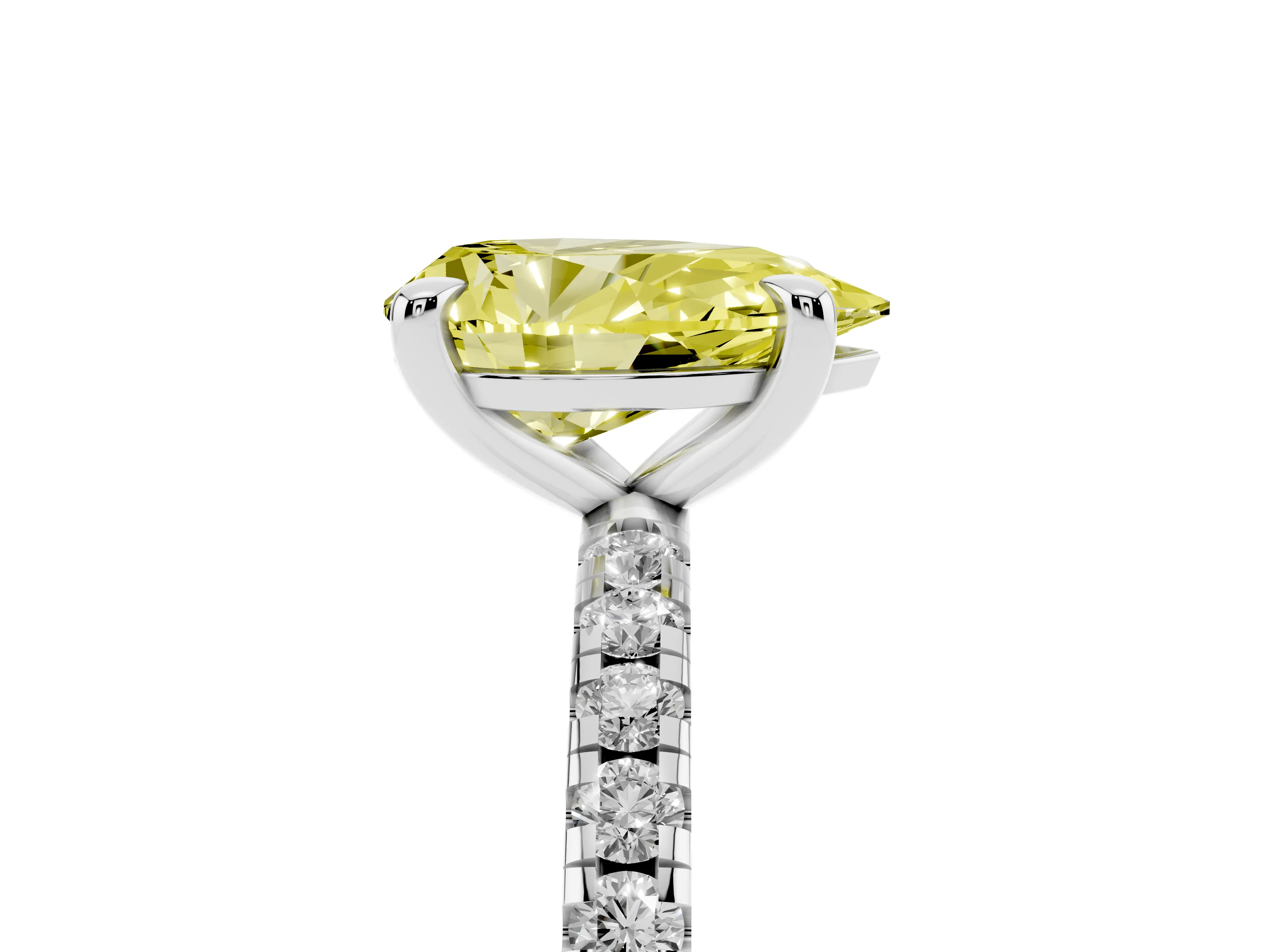 Fancy Yellow Pear Cut Diamond Brilliant Solitaire Ring Set in White gold with Pavé Band and Prong Setting