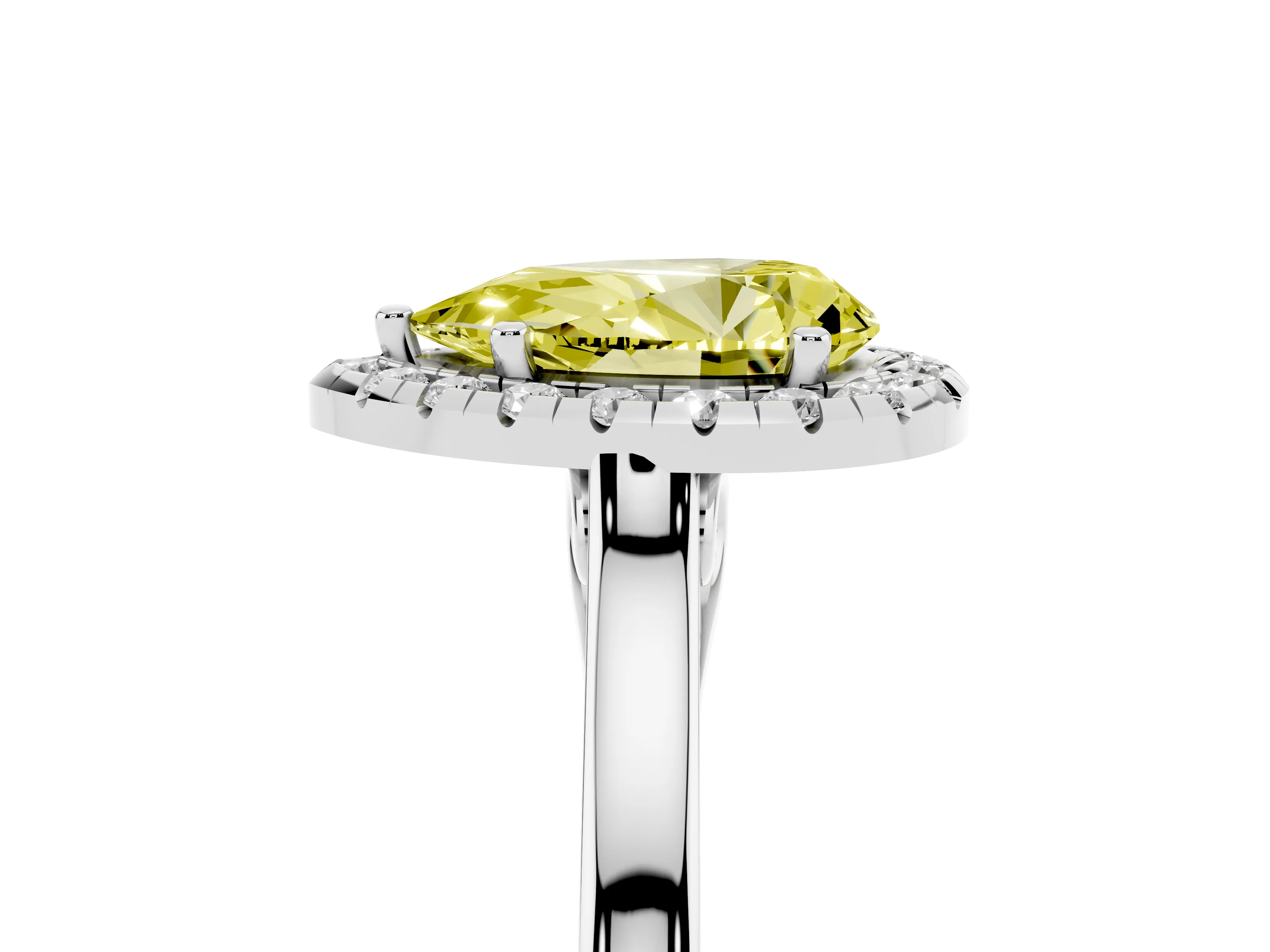 Fancy Yellow Pear Cut Halo Round Diamond Solitaire Ring Set in White gold with Pavé Band and Prong Setting