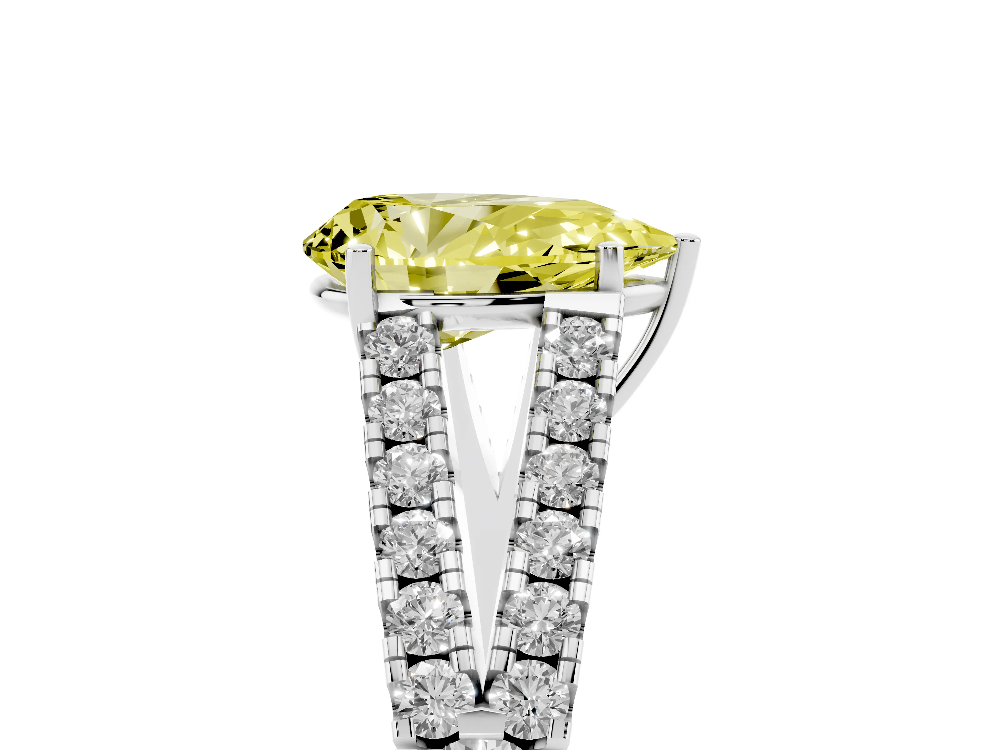 Fancy Yellow Pear Cut Diamond Split Shank Pavé Engagement Ring Set in Platinum with Prong-Held Center Stone