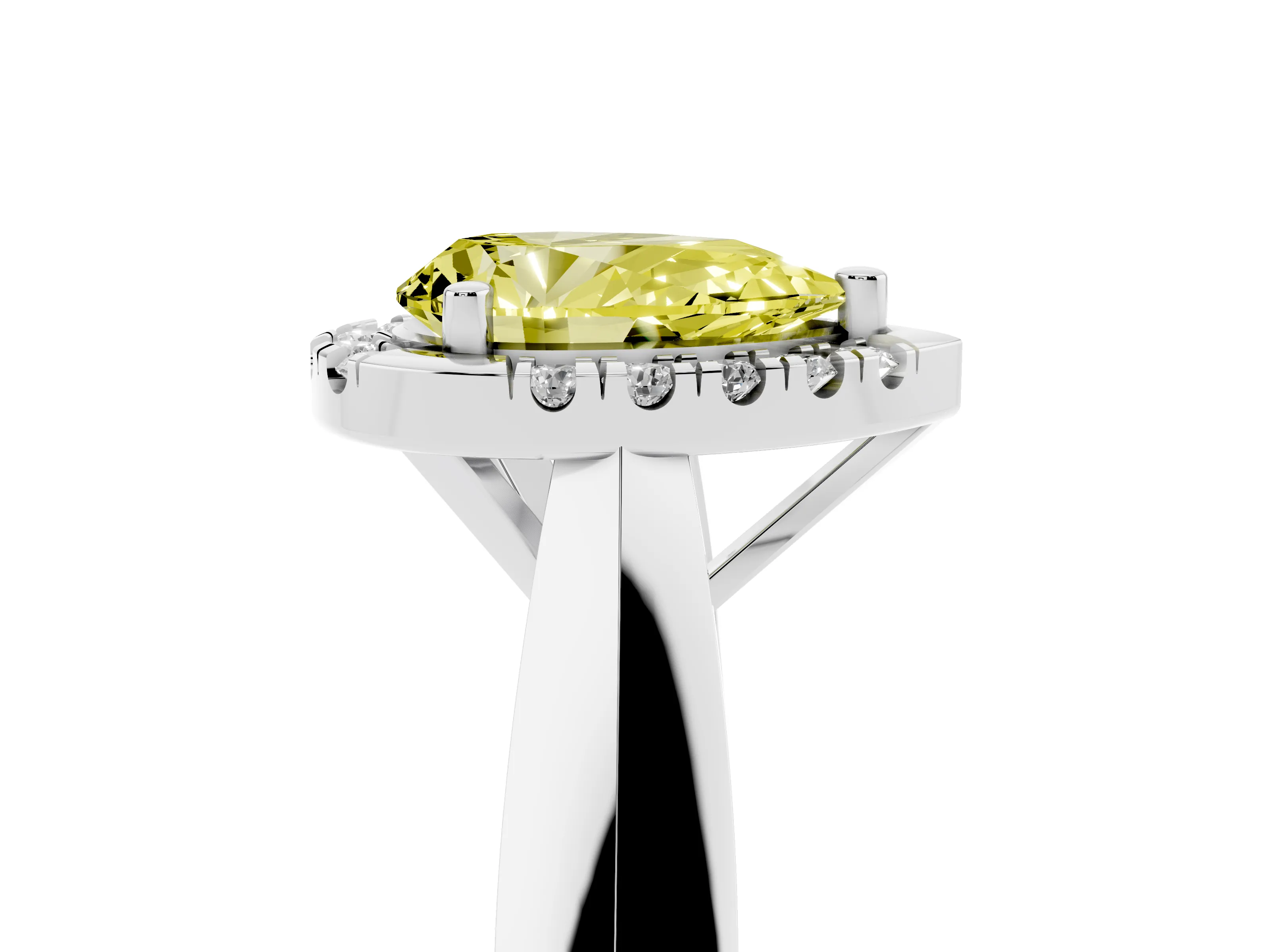 Fancy Yellow Pear Cut Diamond Halo Solitaire Engagement Ring Set in Platinum with Square Band and Prong Setting