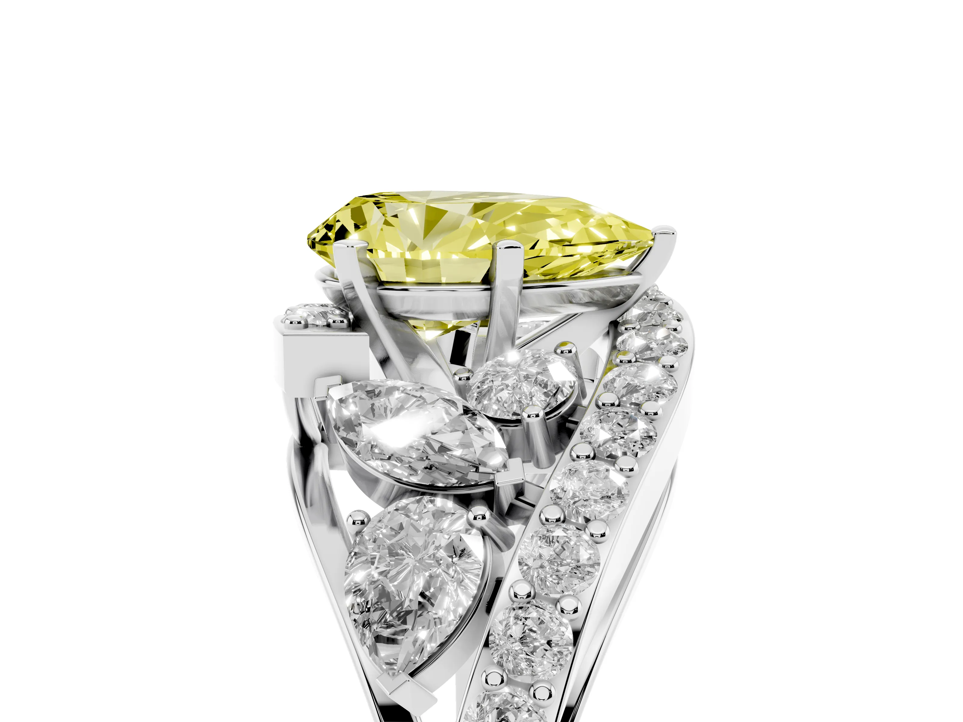 Fancy Yellow Pear Cut Diamond Halo Ring Set in Platinum with Marquise and Pavé Band in Prong Setting