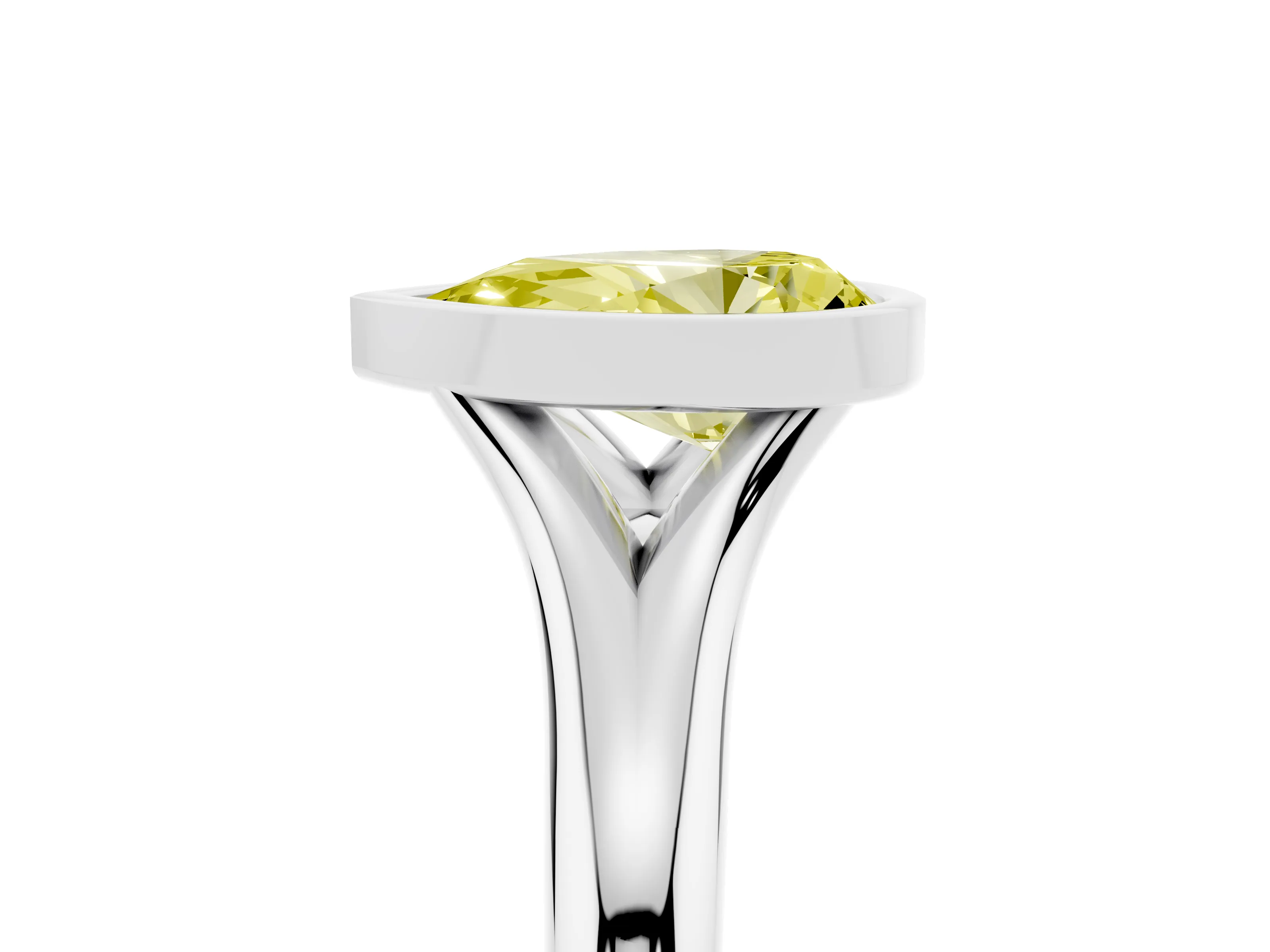 Fancy Yellow Bezel Set Pear Cut Diamond Solitaire Ring Set in Platinum with Smooth Band