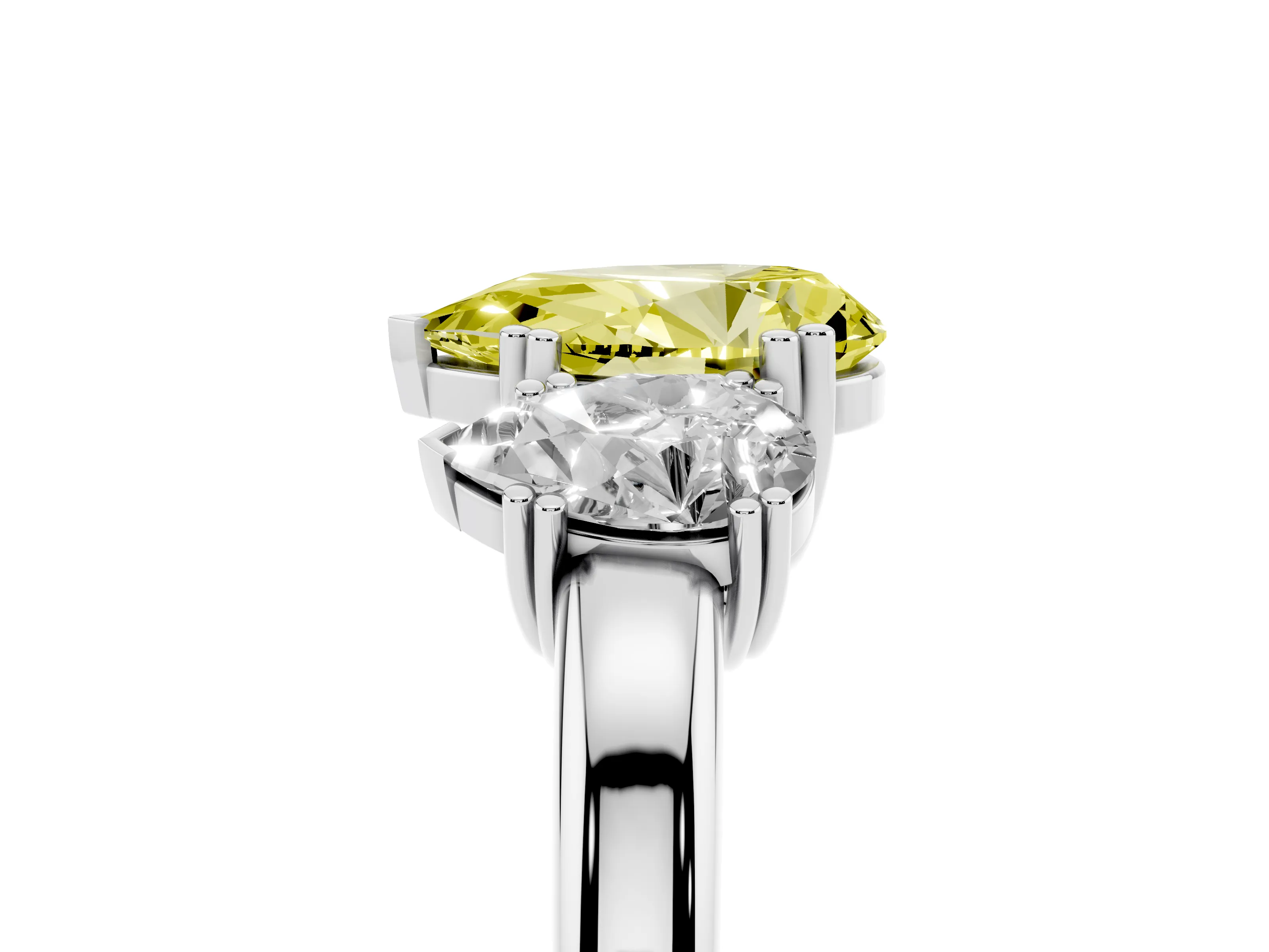 Fancy Yellow Pear Cut Diamond Three-Stone Ring Set in White gold with Polished Channel-Set Band