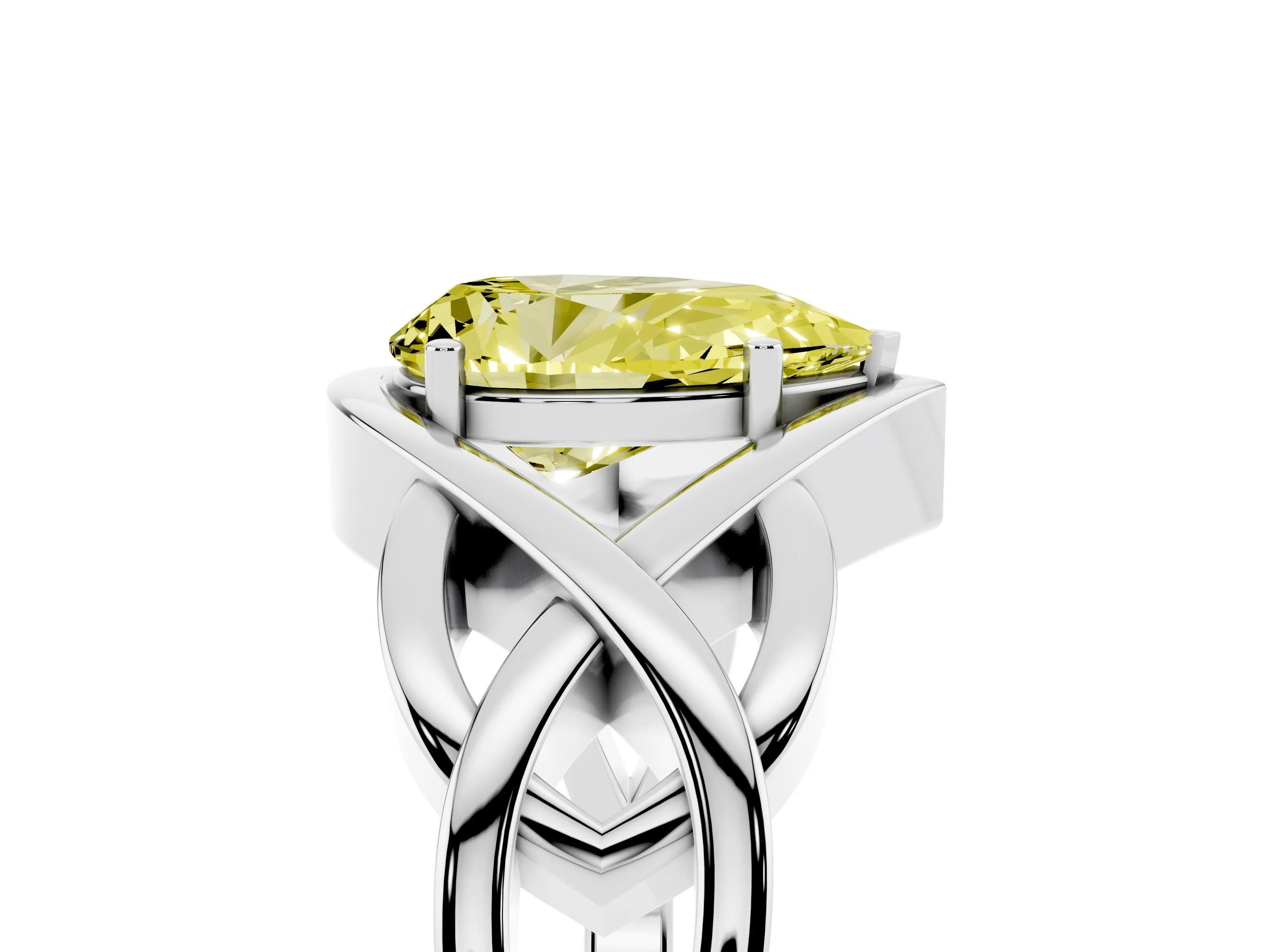 Fancy Yellow Pear Cut Diamond Solitaire Ring Set in Platinum with Intertwined Band