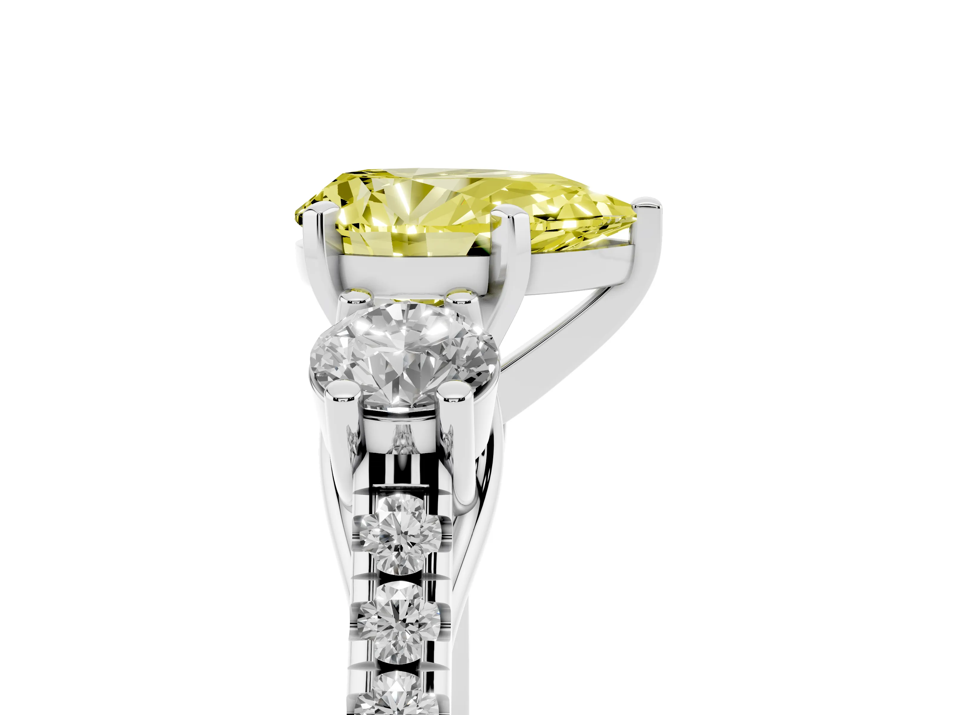 Fancy Yellow Three-Stone Pear Cut Diamond Pavé Band Ring Set in Silver with Prong-Set Trio