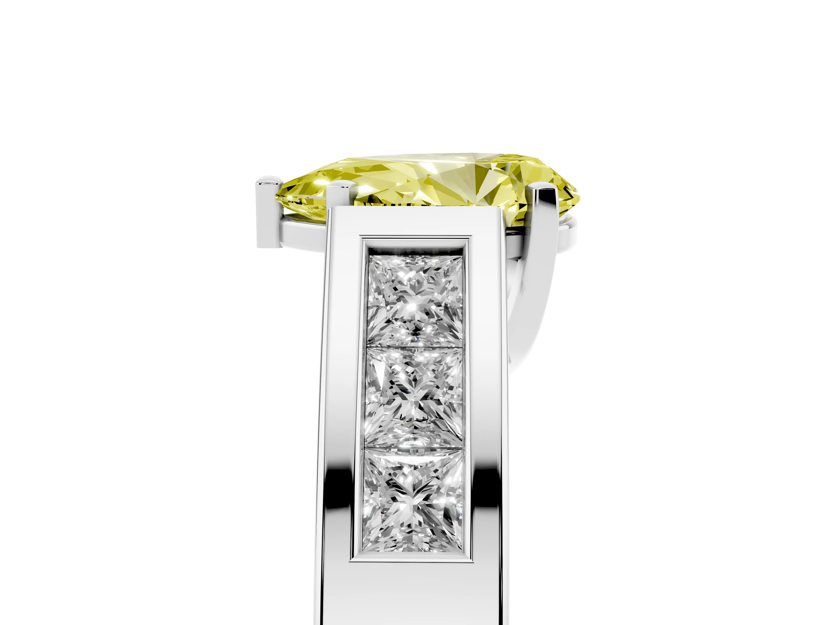 Fancy Yellow Pear Cut Diamond Solitaire Ring Set in White gold with Channel-Set Accent Stones and Prong Setting