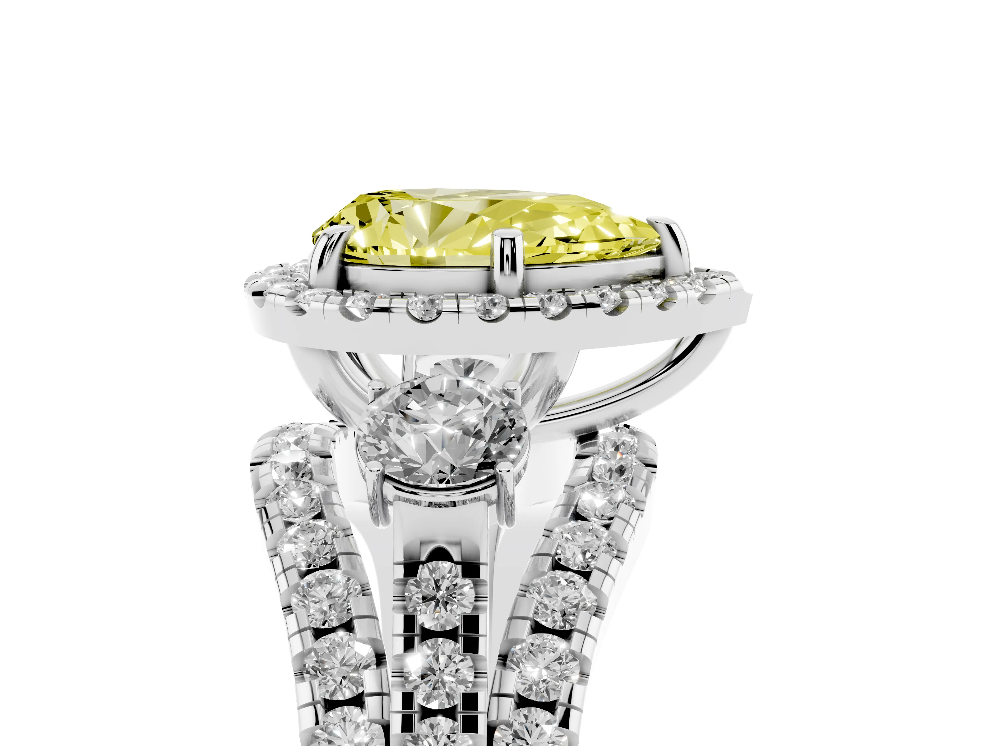 Fancy Yellow Pear Cut Diamond Halo Split Shank Ring Set in Silver with Round Accent Stones and Prong Setting