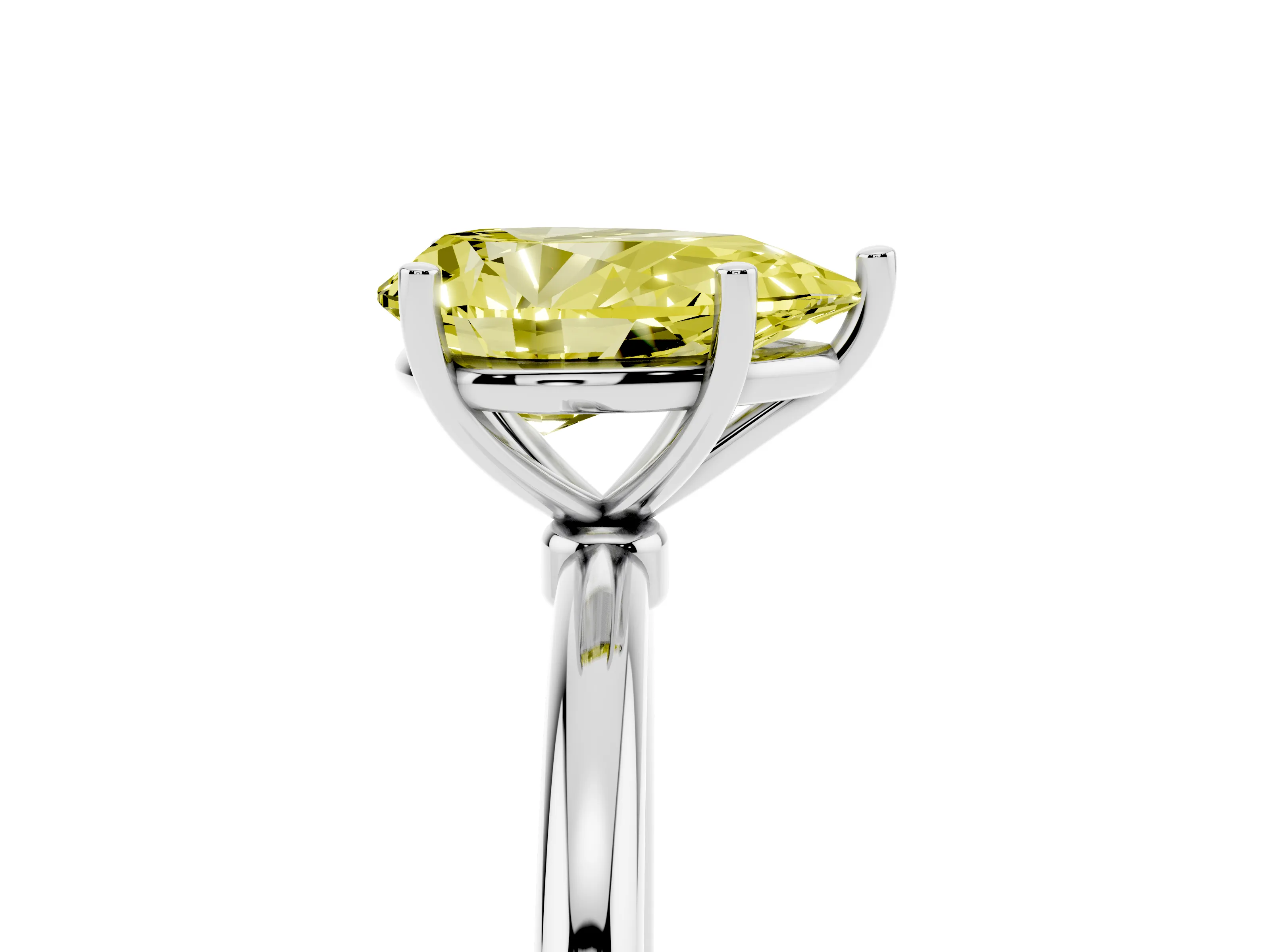 Fancy Yellow Pear Cut Diamond Solitaire Engagement Ring Set in Silver with Thin Band and Prong Setting