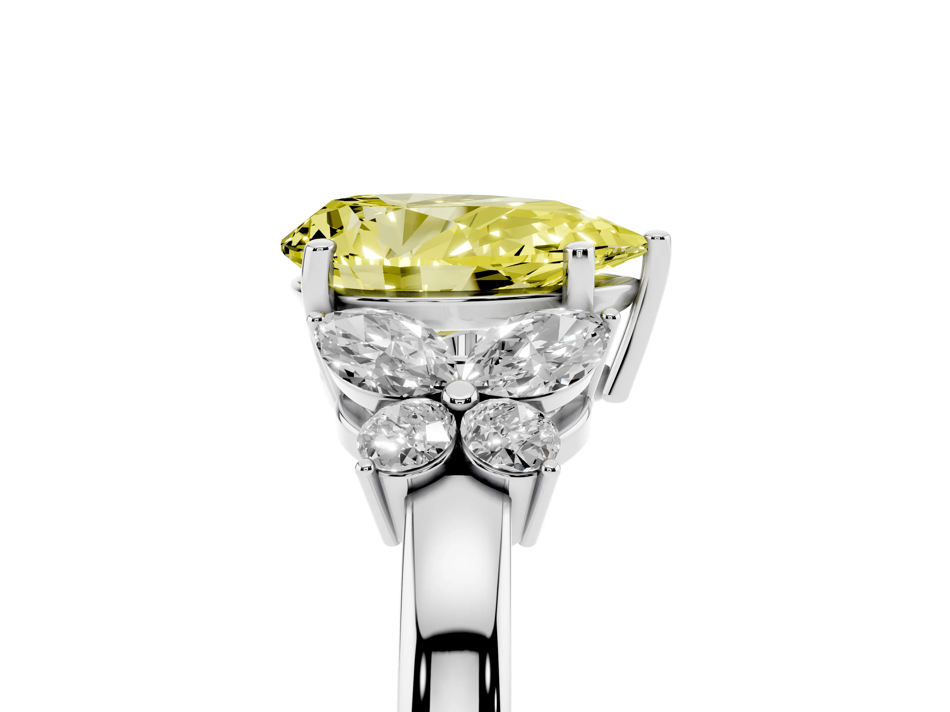 Fancy Yellow Pear Cut Diamond Solitaire Floral Ring Set in Silver with Marquise Petals and Prong Setting