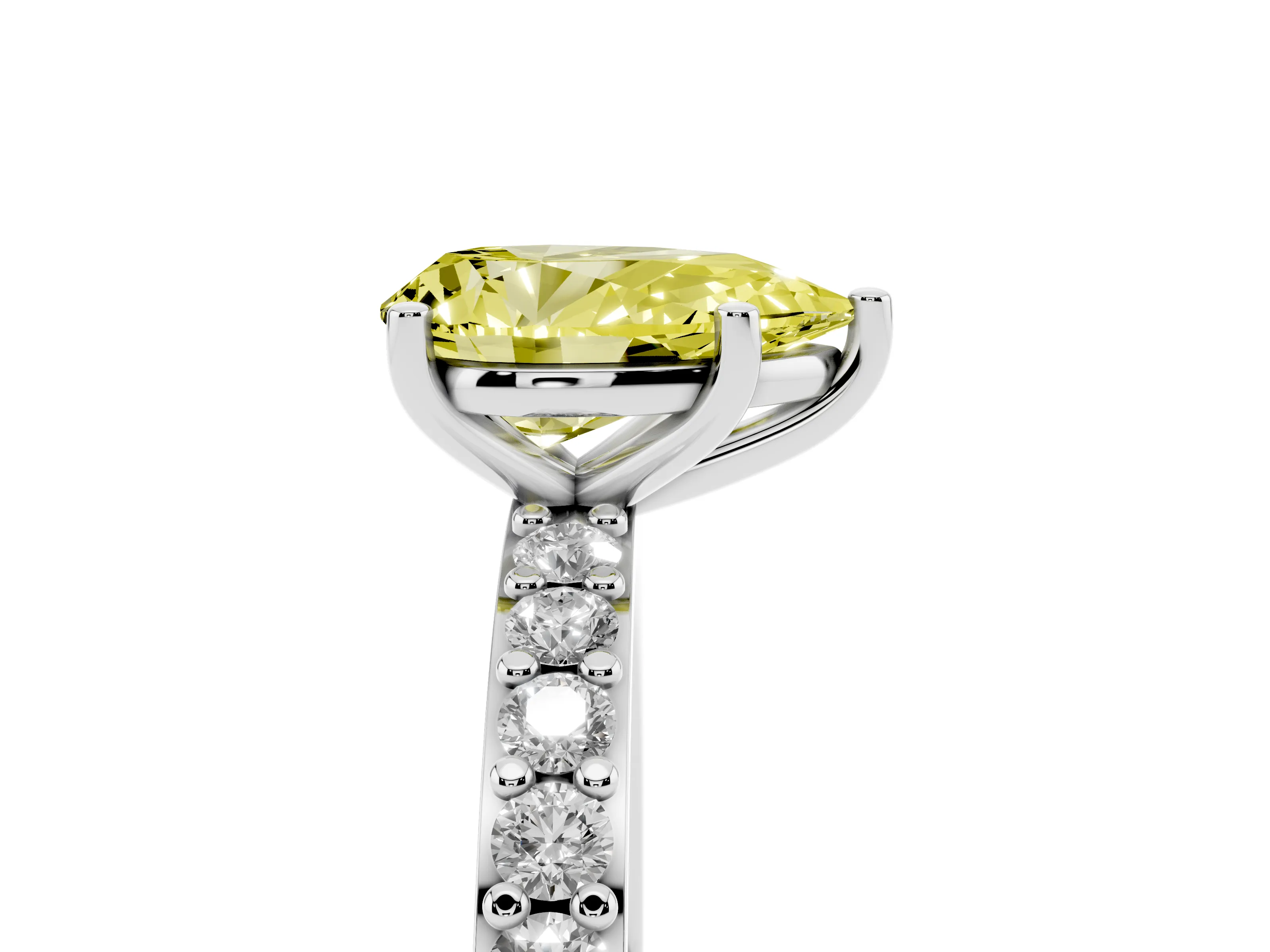 Fancy Yellow Pear Cut Diamond Solitaire Set in Silver with Round Pavé Band and Prong Setting