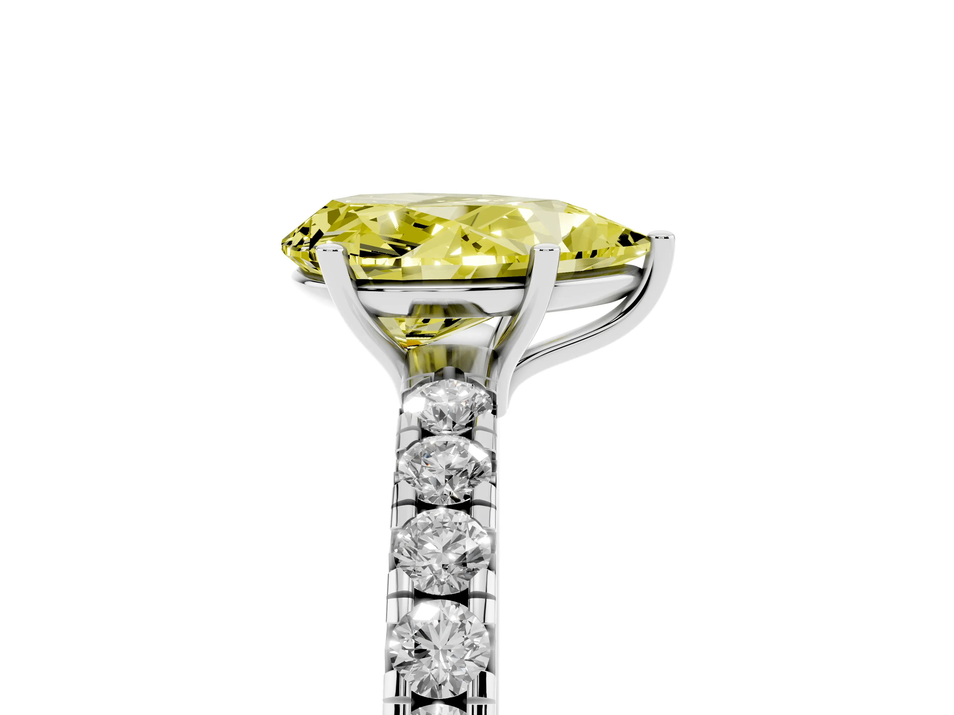 Fancy Yellow Pear Cut Diamond Pavé Solitaire Engagement Ring Set in Platinum with Prong Setting