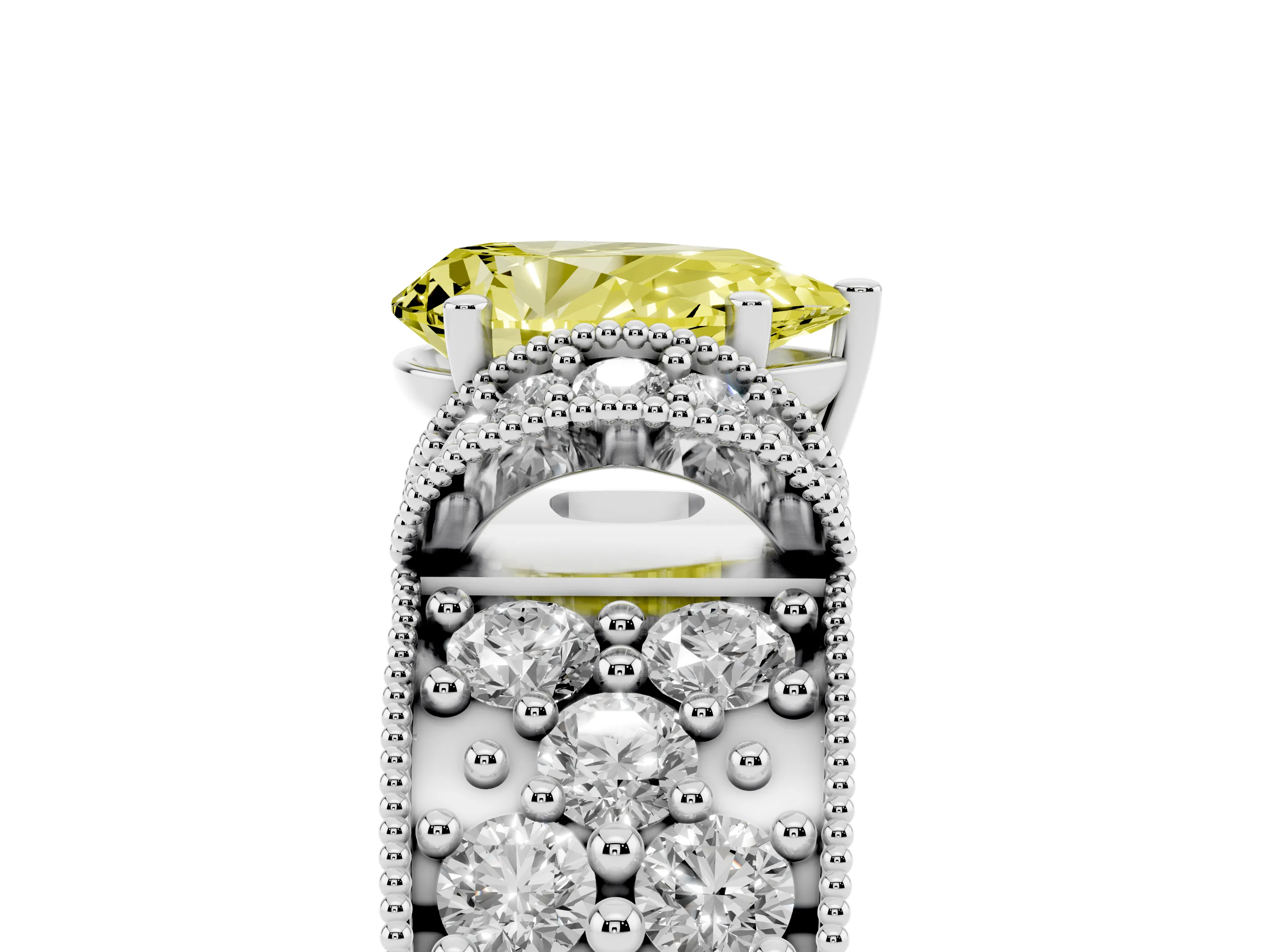 Fancy Yellow Pear Cut Diamond Milgrain Halo Pavé Engagement Ring Set in Platinum with Prong Setting