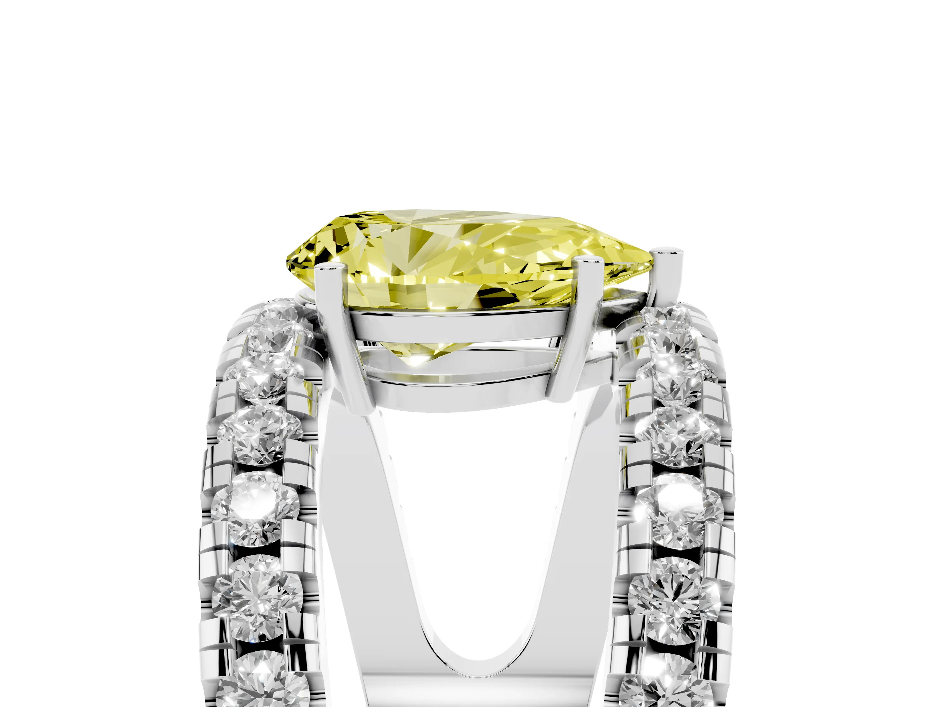 Fancy Yellow Pear Cut Diamond Split Shank Pavé Solitaire Ring Set in Silver with Open Shank Design