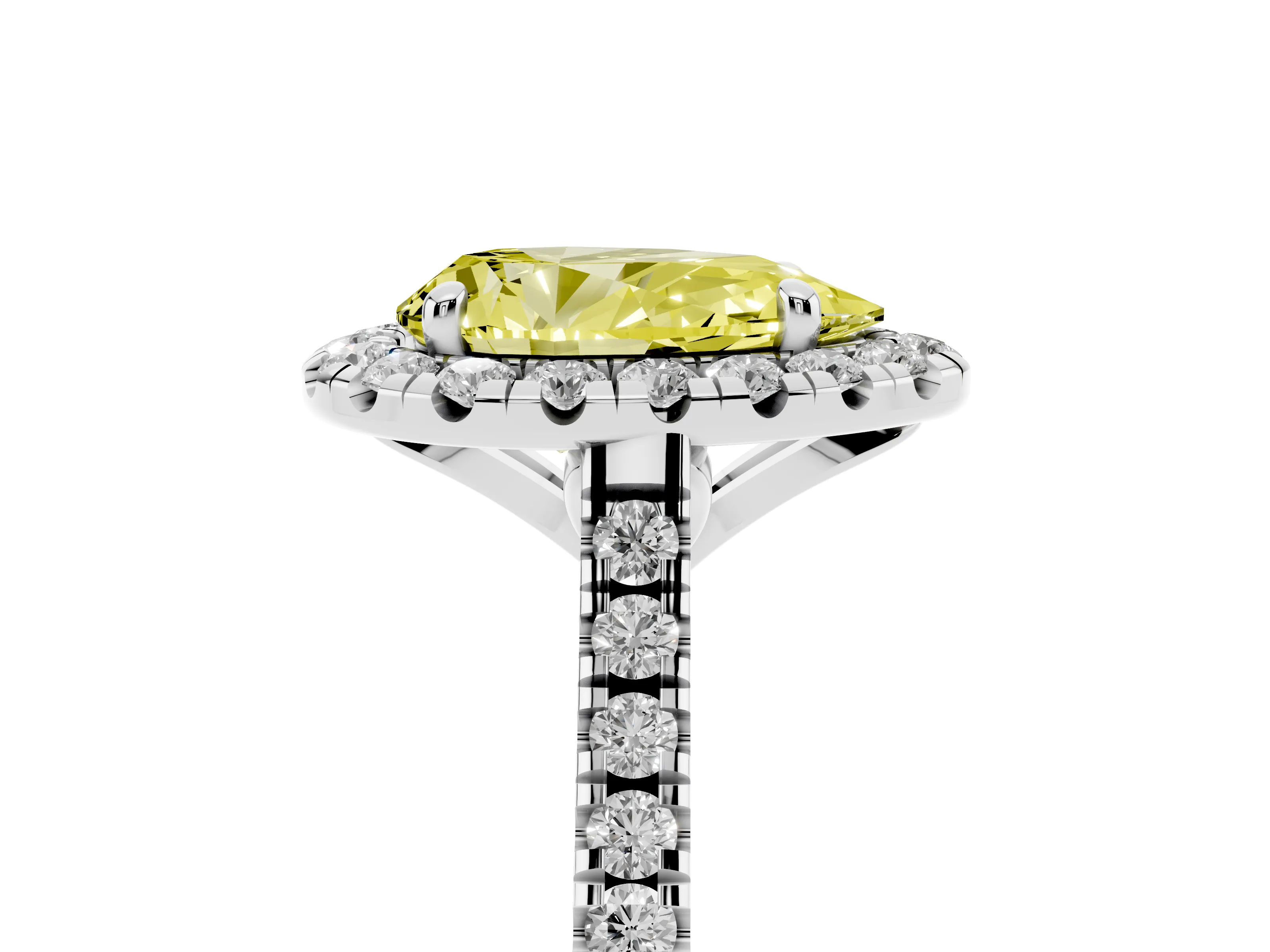 Fancy Yellow Pear Cut Diamond Cushion Halo Ring Set in White gold with Pavé Band