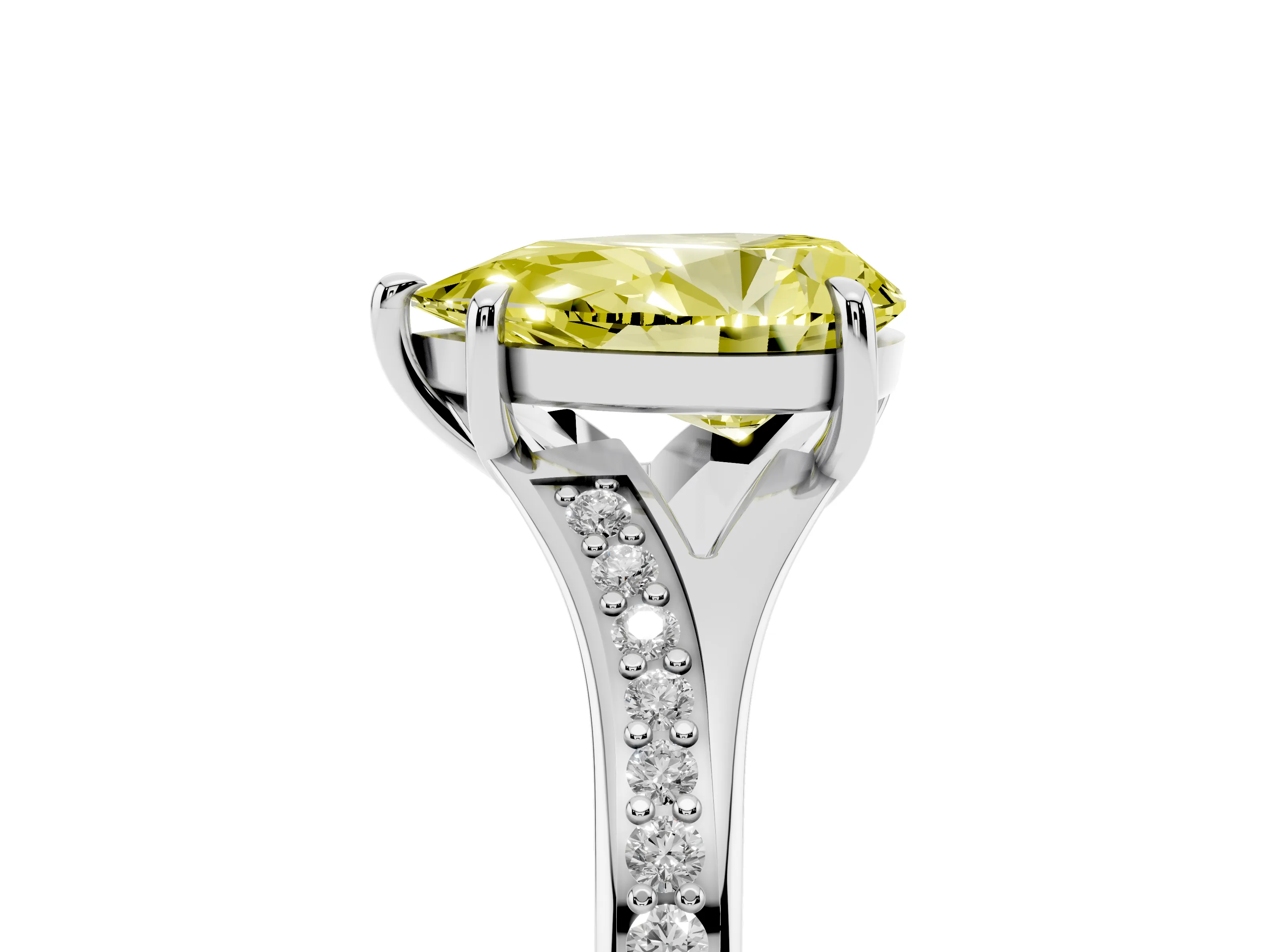 Fancy Yellow Pear Cut Diamond Solitaire Ring Set in White gold with Pavé Accent Band and Classic Prong Setting