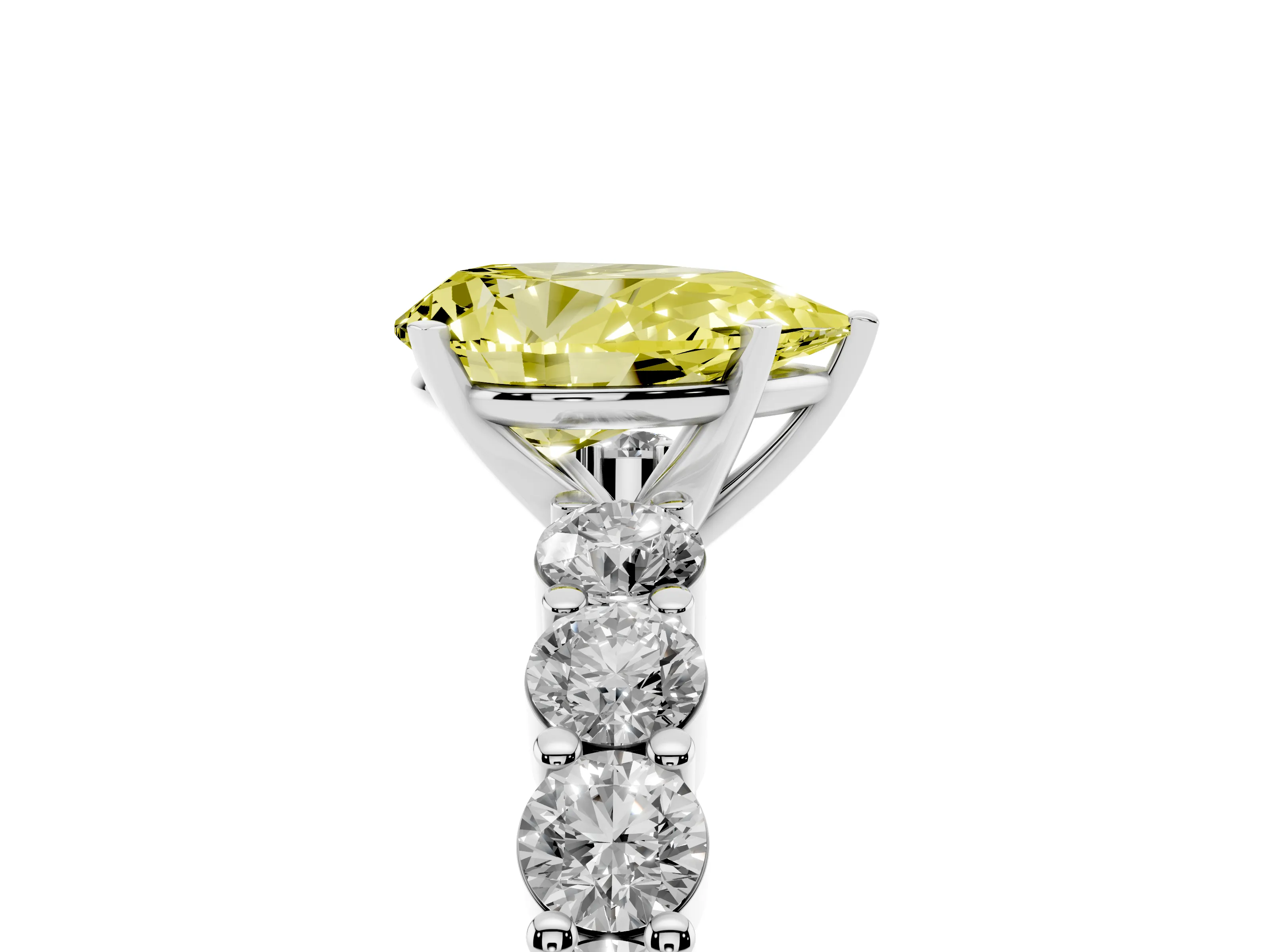 Fancy Yellow Pear Cut Diamond Solitaire Ring Set in Silver with Shared Prong Round Side Stones