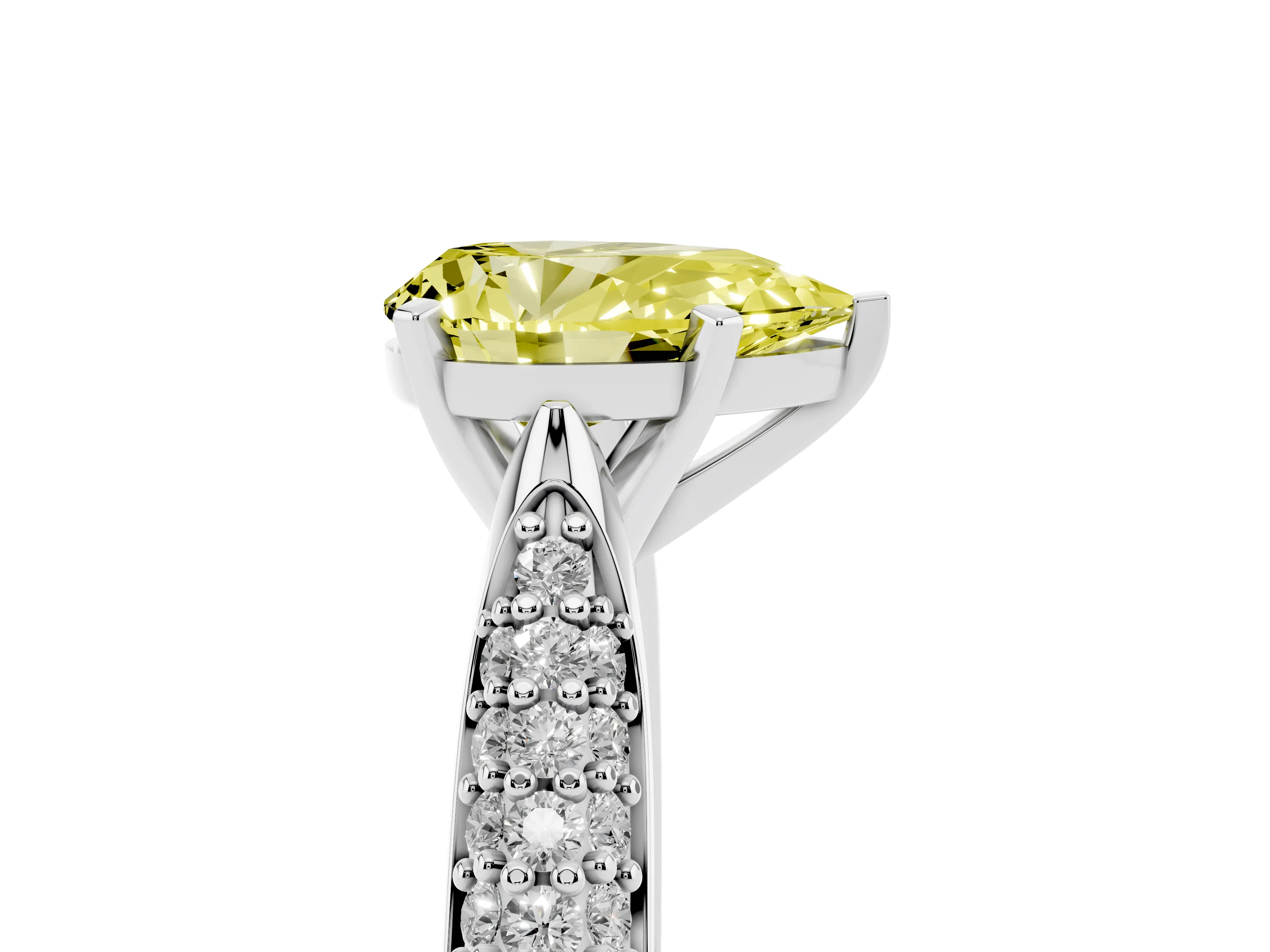 Fancy Yellow Pear Cut Diamond Solitaire Engagement Ring Set in White gold with Multi-Row Round Pavé Band and Prong Setting