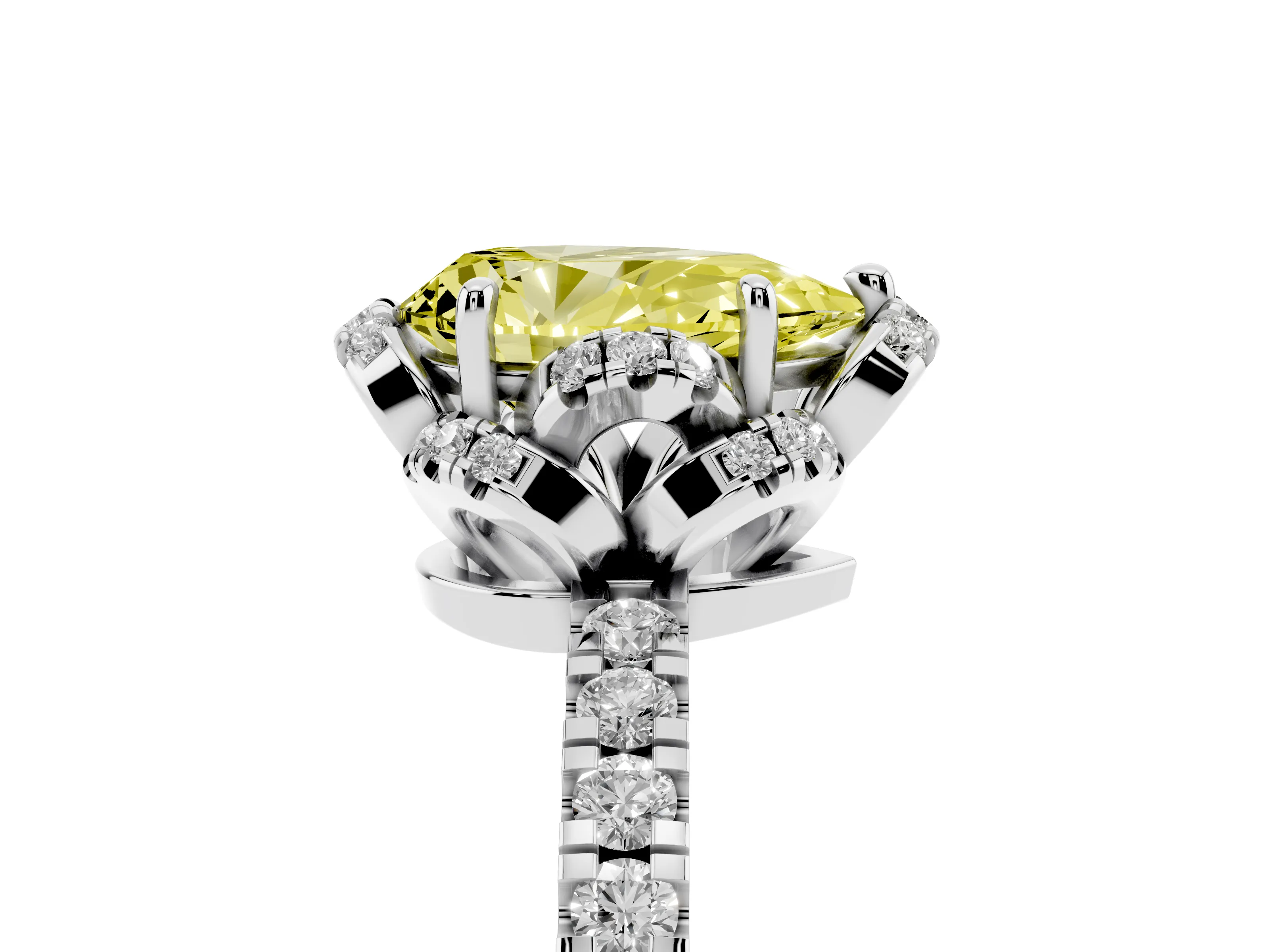 Fancy Yellow Pear Cut Diamond Halo Pavé Band Ring Set in Platinum with Prong-Held Center
