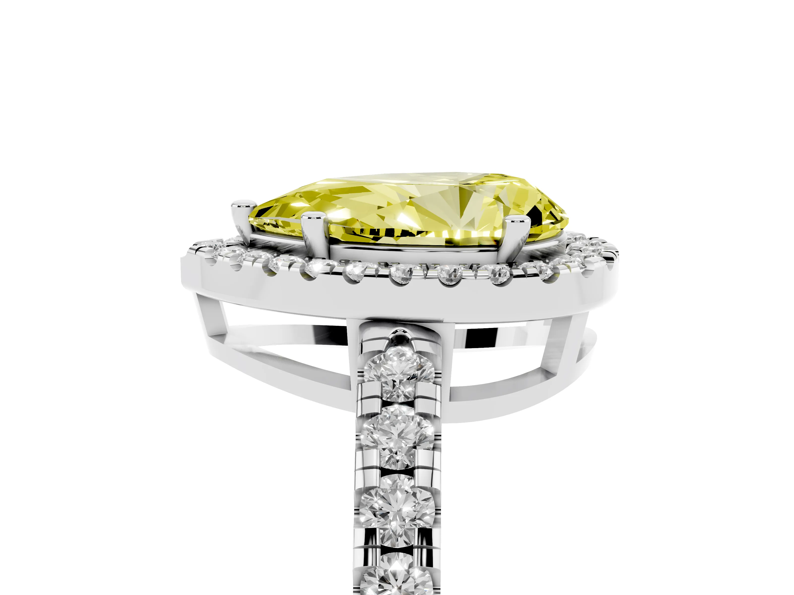 Fancy Yellow Pear Cut Diamond Halo Ring Set in Platinum with Delicate Pavé Band and Prong Setting