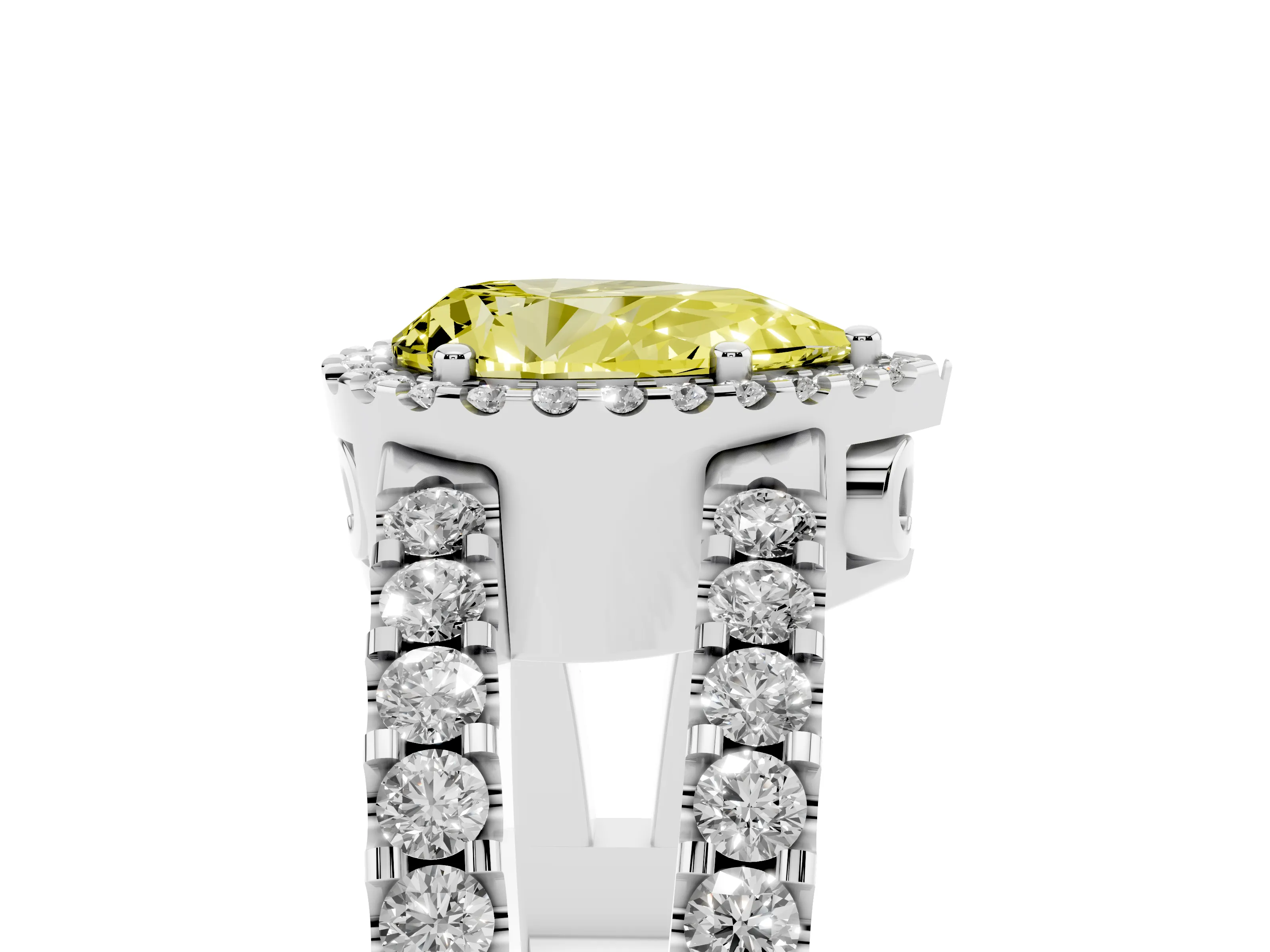 Fancy Yellow Pear Cut Diamond Halo Ring Set in White gold with Pavé Split Shank and Prong Setting