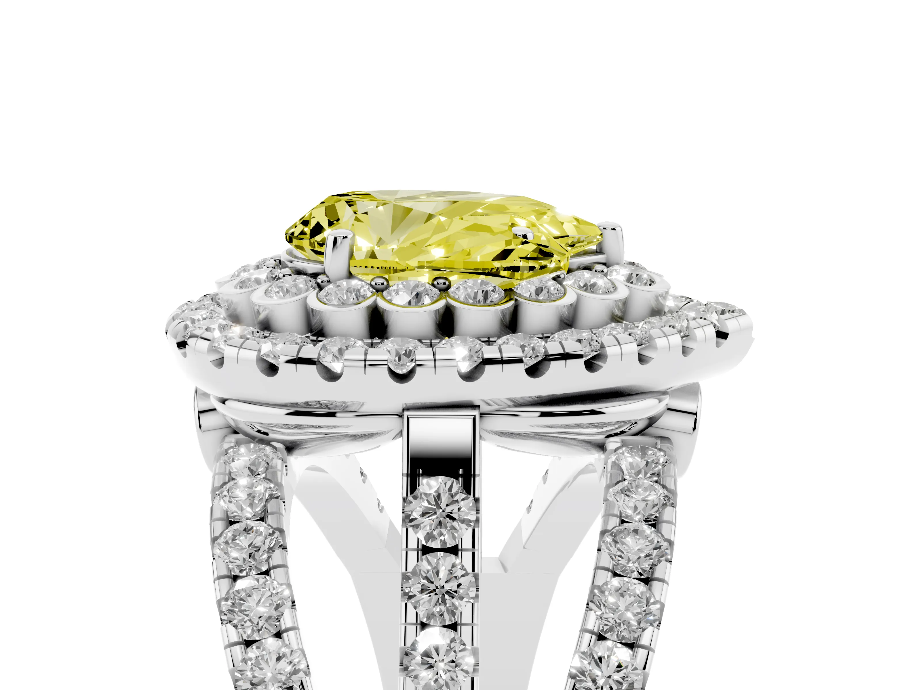 Fancy Yellow Pear Cut Diamond Double Halo Ring Set in Silver with Round Pavé Split Shank