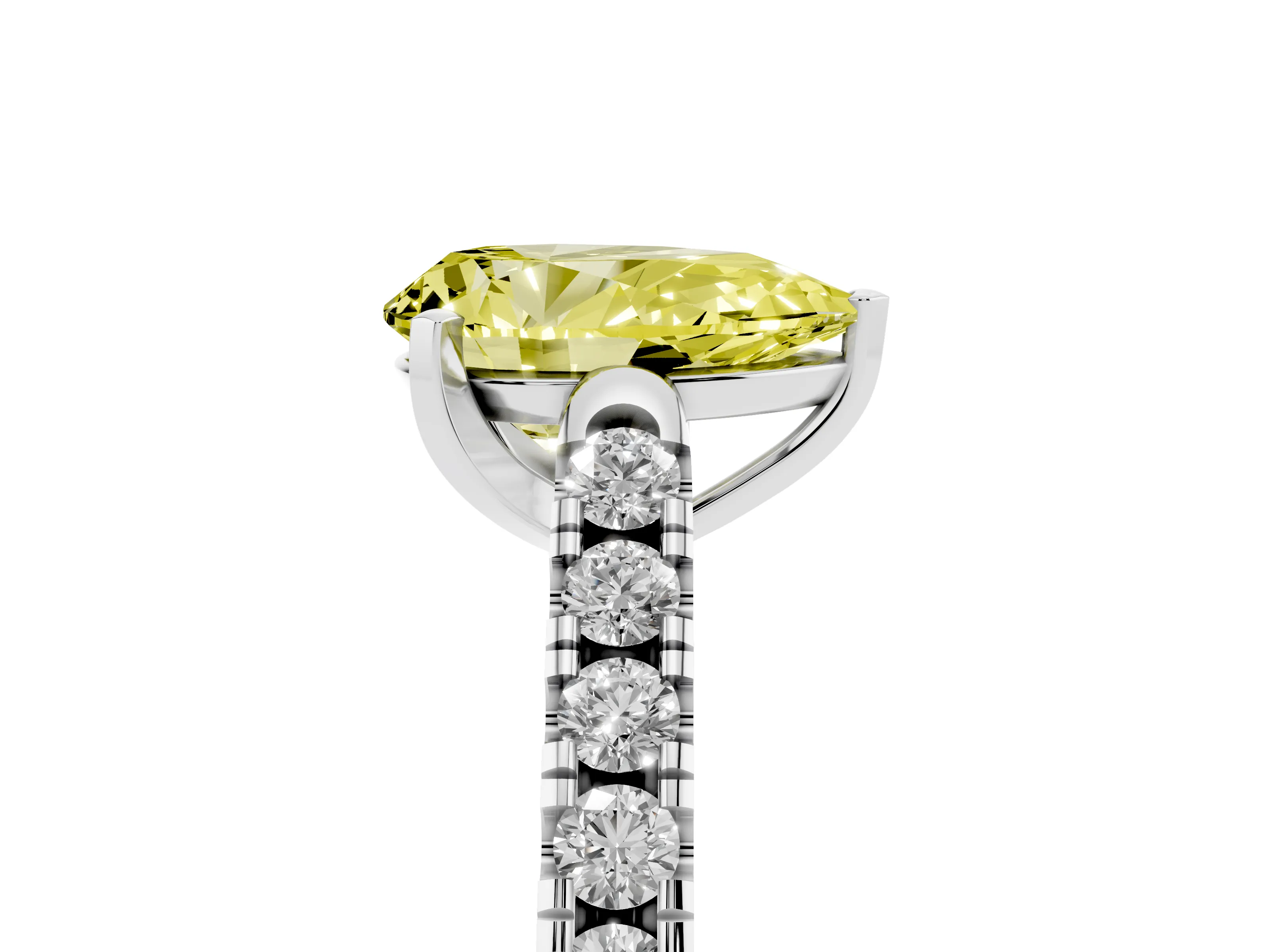 Fancy Yellow Pear Cut Diamond Pavé Band Solitaire Ring Set in White gold with Partway Accent Stones and Prong Setting