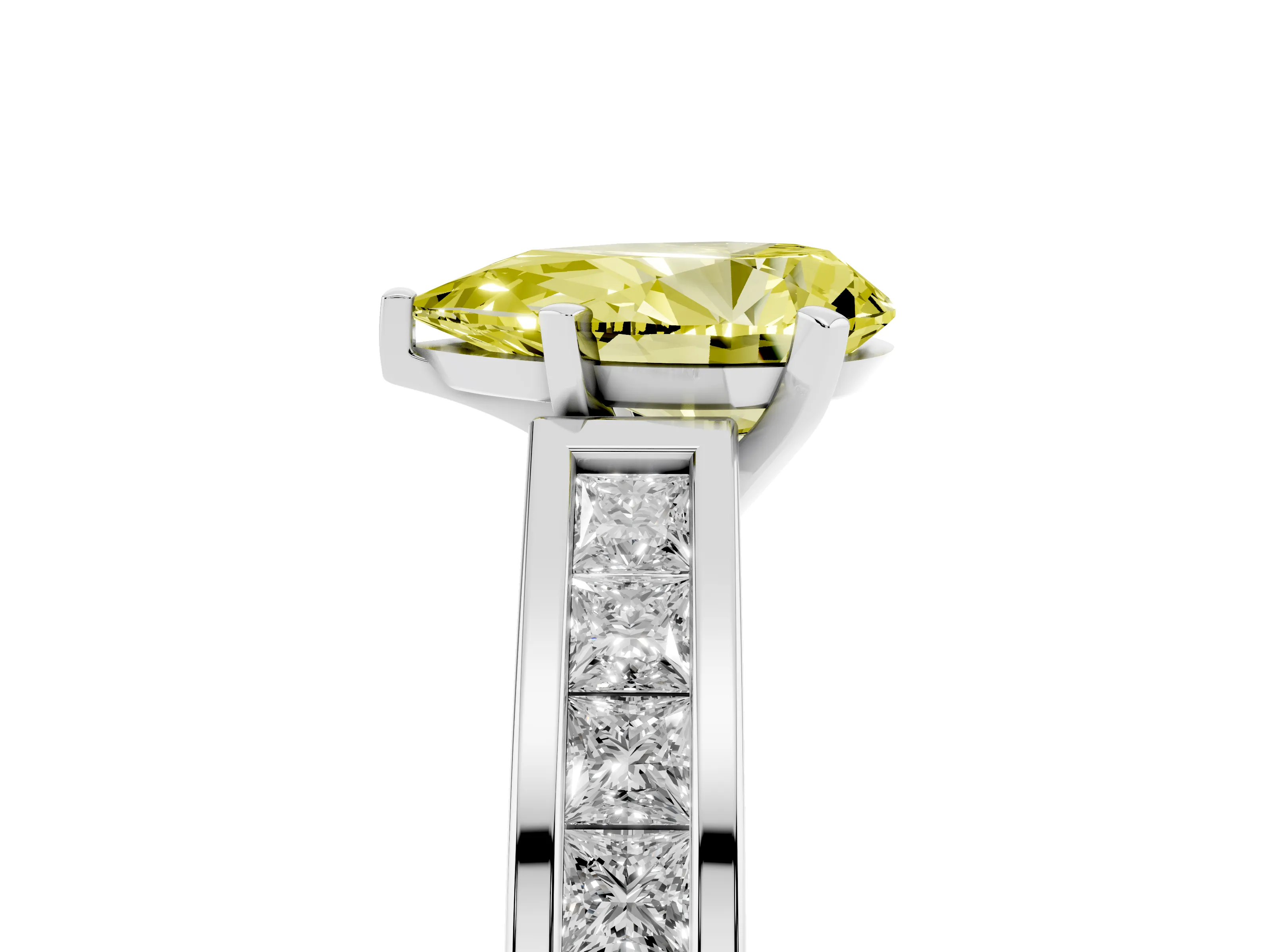 Fancy Yellow Pear Cut Diamond Solitaire Ring Set in White gold with Channel-Set Band and Prong Setting