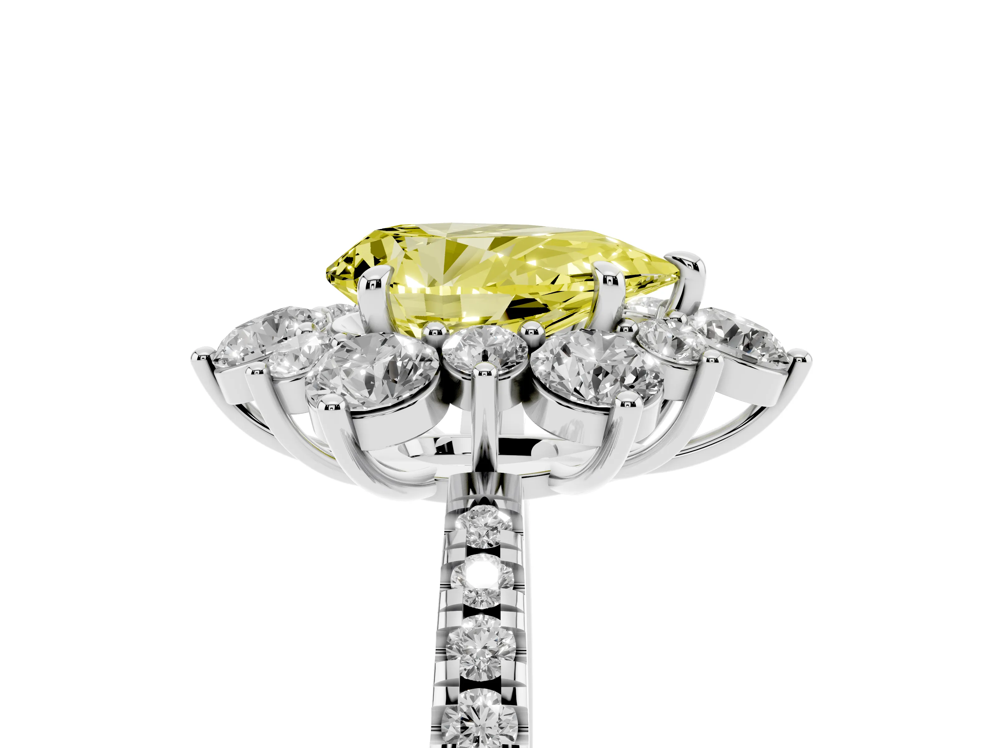 Fancy Yellow Pear Cut Diamond Floral Halo Ring Set in White gold with Round Pavé Band and Prong Setting
