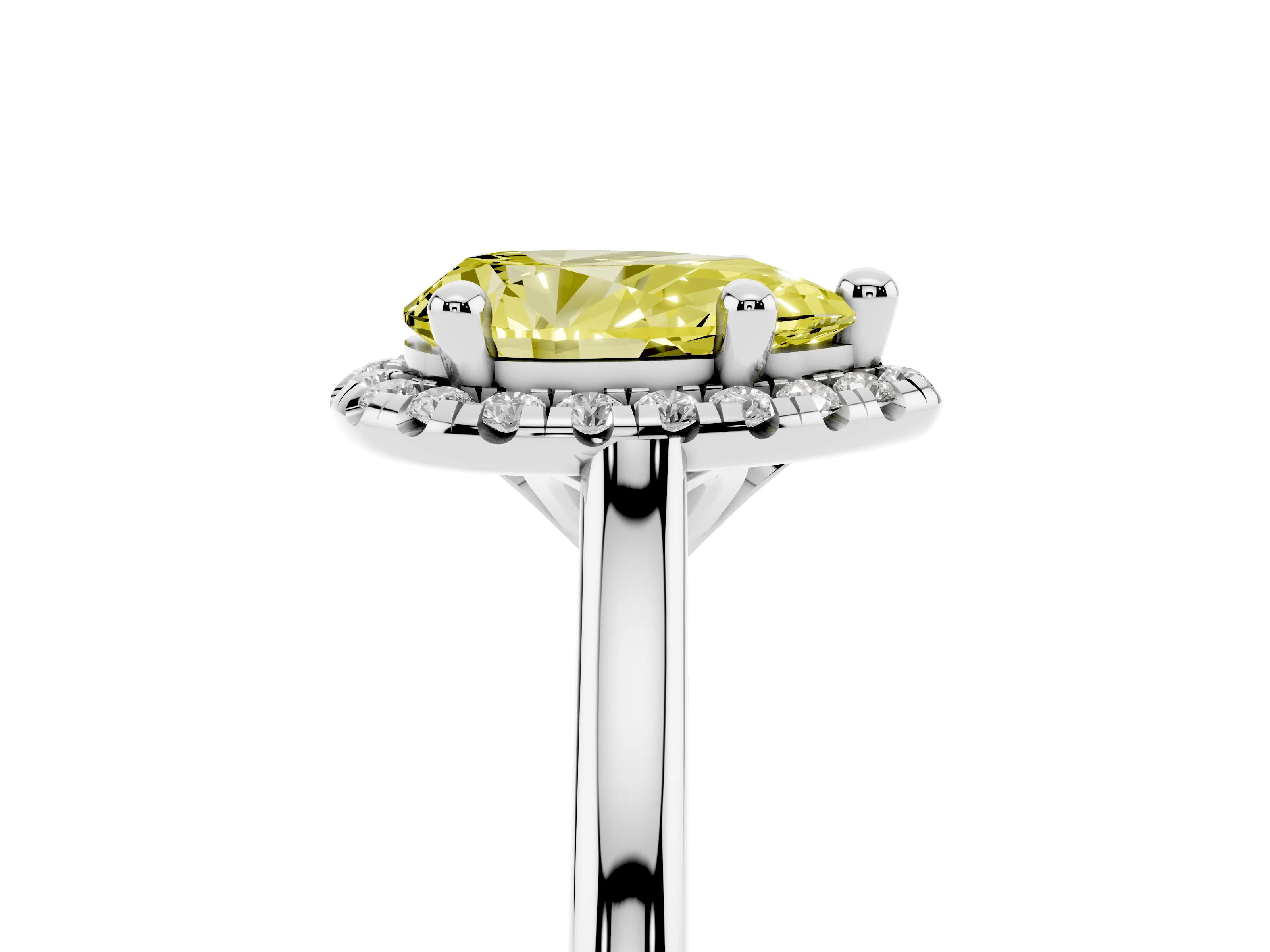 Fancy Yellow Pear Cut Diamond Halo Engagement Ring Set in White gold with Pavé Band and Rising Shoulders