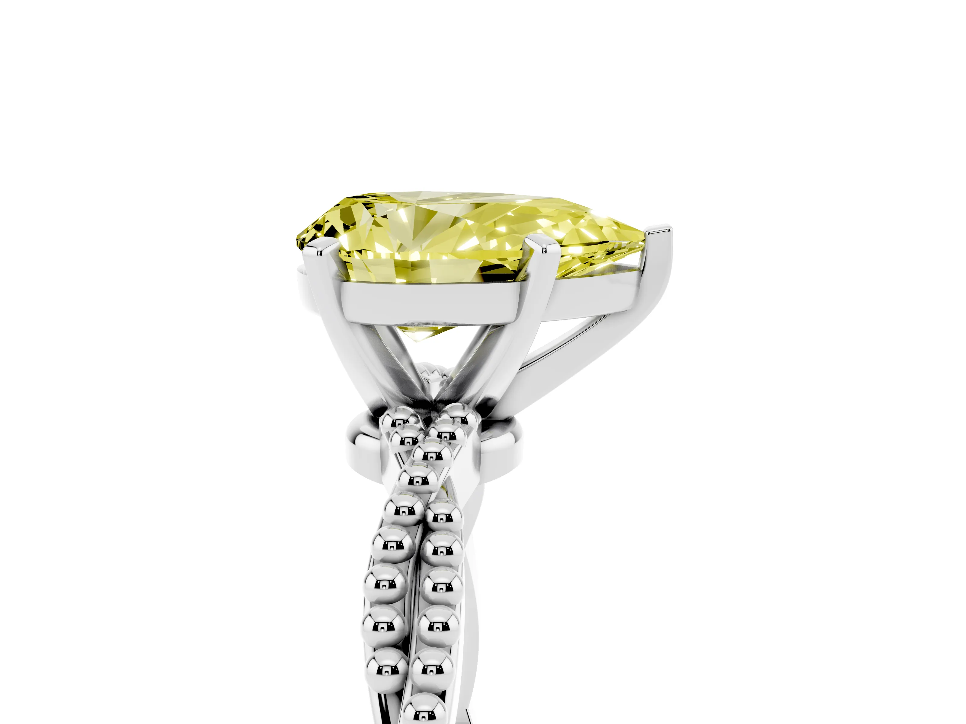 Fancy Yellow Pear Cut Diamond Solitaire Ring Set in Silver with Twisted Band and Bead Prong Setting